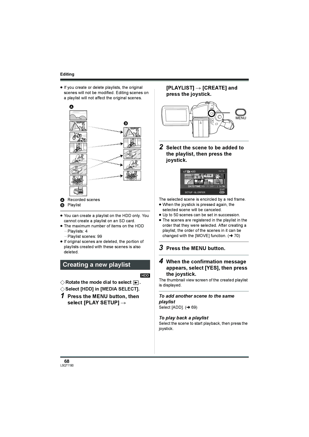 Panasonic SDR-H18, SDR-H20 Creating a new playlist, To add another scene to the same playlist, To play back a playlist 