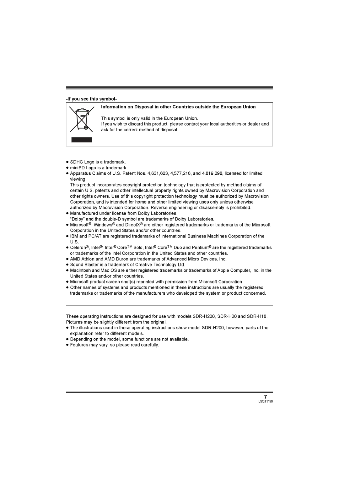 Panasonic SDR-H200, SDR-H18 operating instructions LSQT1190 