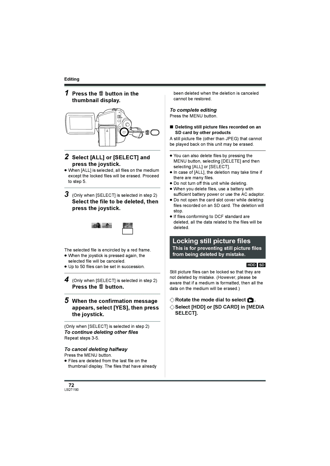 Panasonic SDR-H200, SDR-H18 Locking still picture files, Select the file to be deleted, then press the joystick 