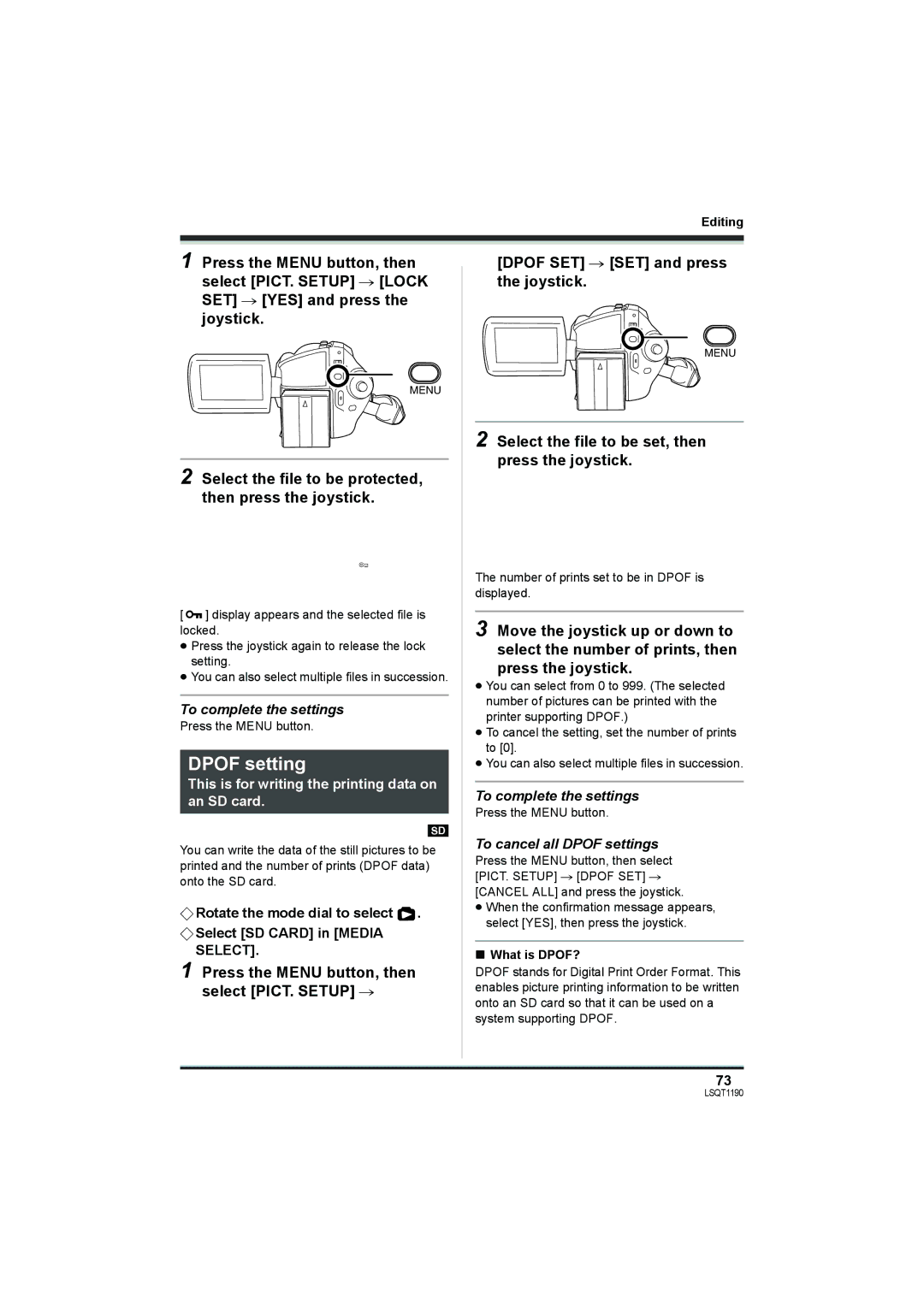 Panasonic SDR-H200, SDR-H18 Select the file to be protected, then press the joystick, To cancel all Dpof settings 