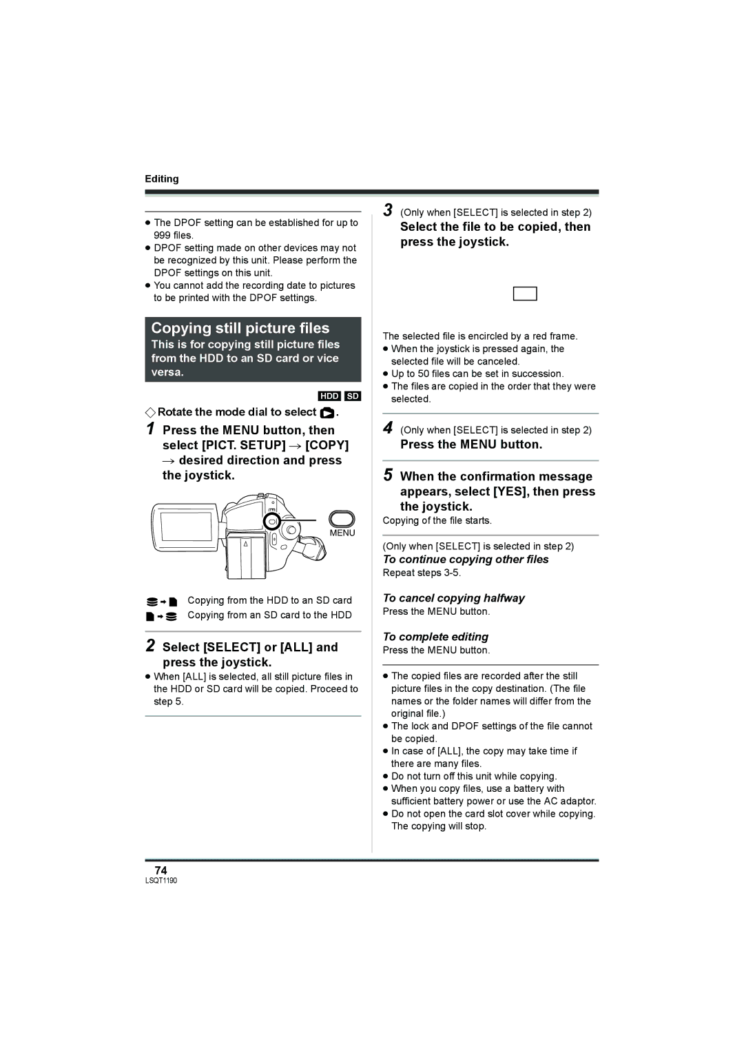 Panasonic SDR-H18 Copying still picture files, Select Select or ALL and press the joystick, To cancel copying halfway 