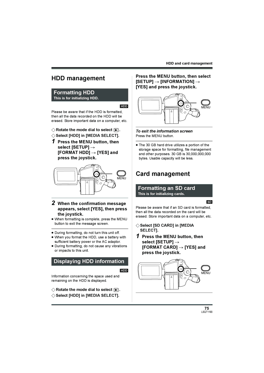 Panasonic SDR-H20 HDD management, Card management, Formatting HDD, Displaying HDD information, Formatting an SD card 