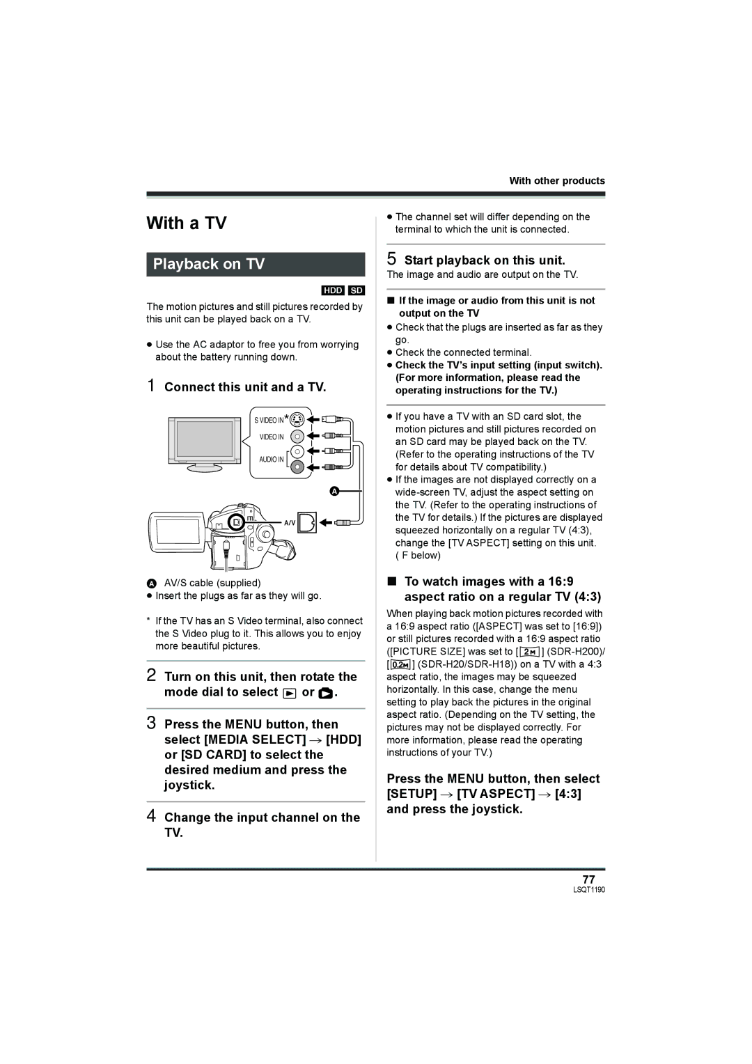 Panasonic SDR-H18, SDR-H200 With a TV, Playback on TV, Connect this unit and a TV, Start playback on this unit 