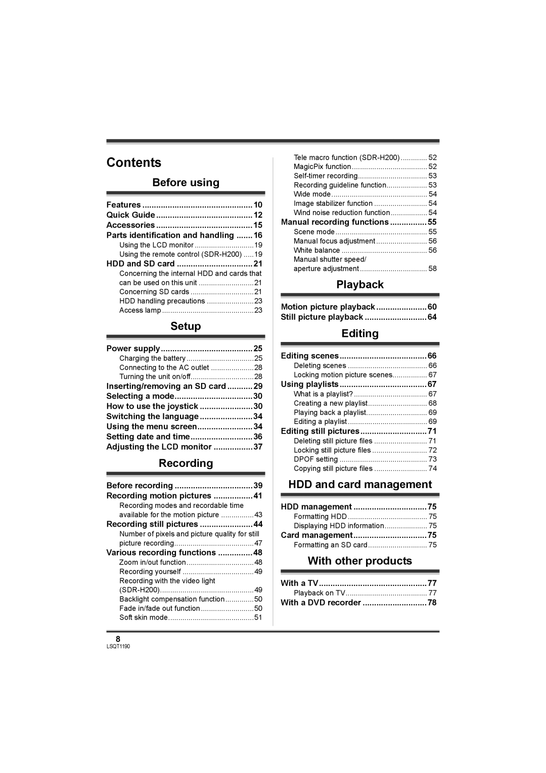 Panasonic SDR-H18, SDR-H200 operating instructions Contents 