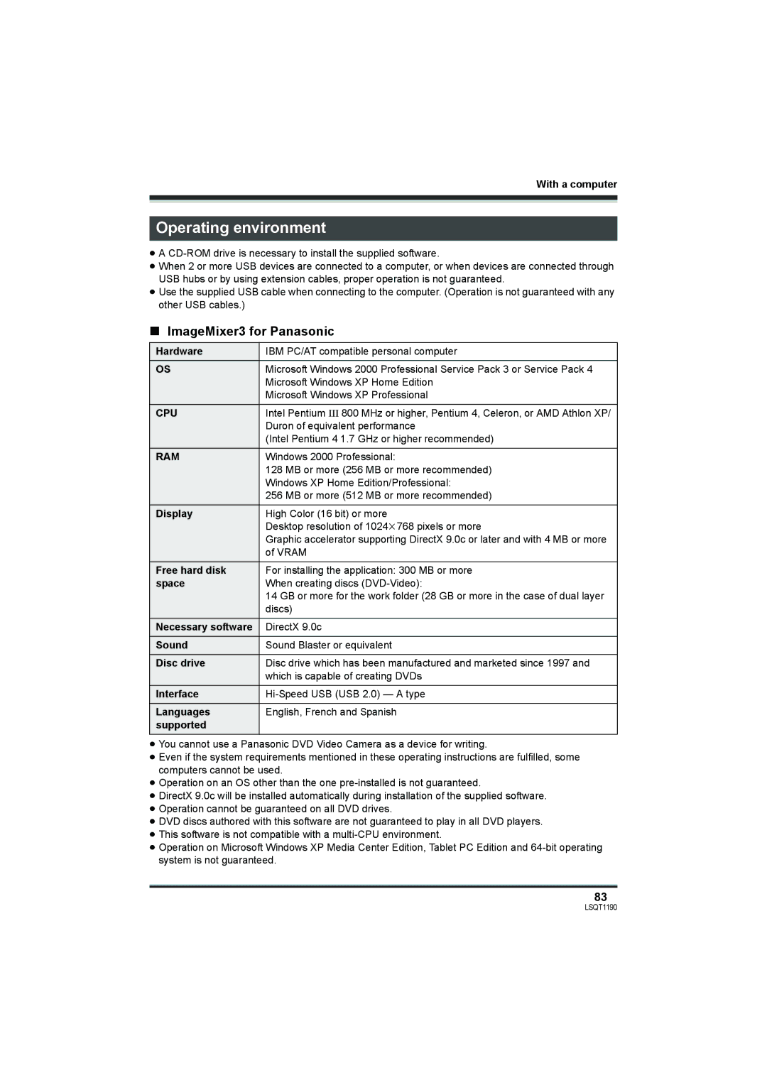 Panasonic SDR-H18, SDR-H200 operating instructions Operating environment, ImageMixer3 for Panasonic, Cpu, Ram 