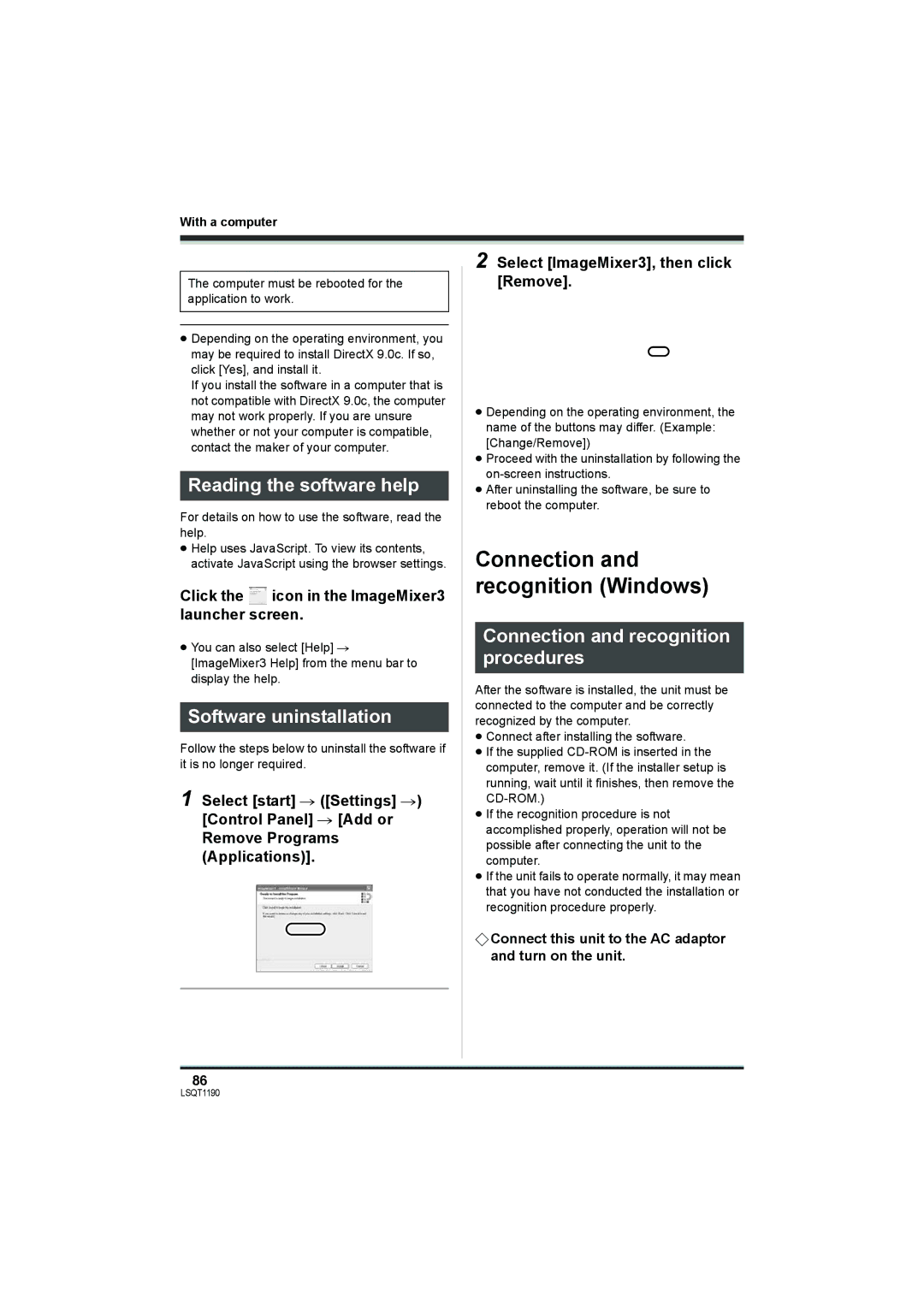 Panasonic SDR-H18, SDR-H20 Reading the software help, Software uninstallation, Connection and recognition procedures 