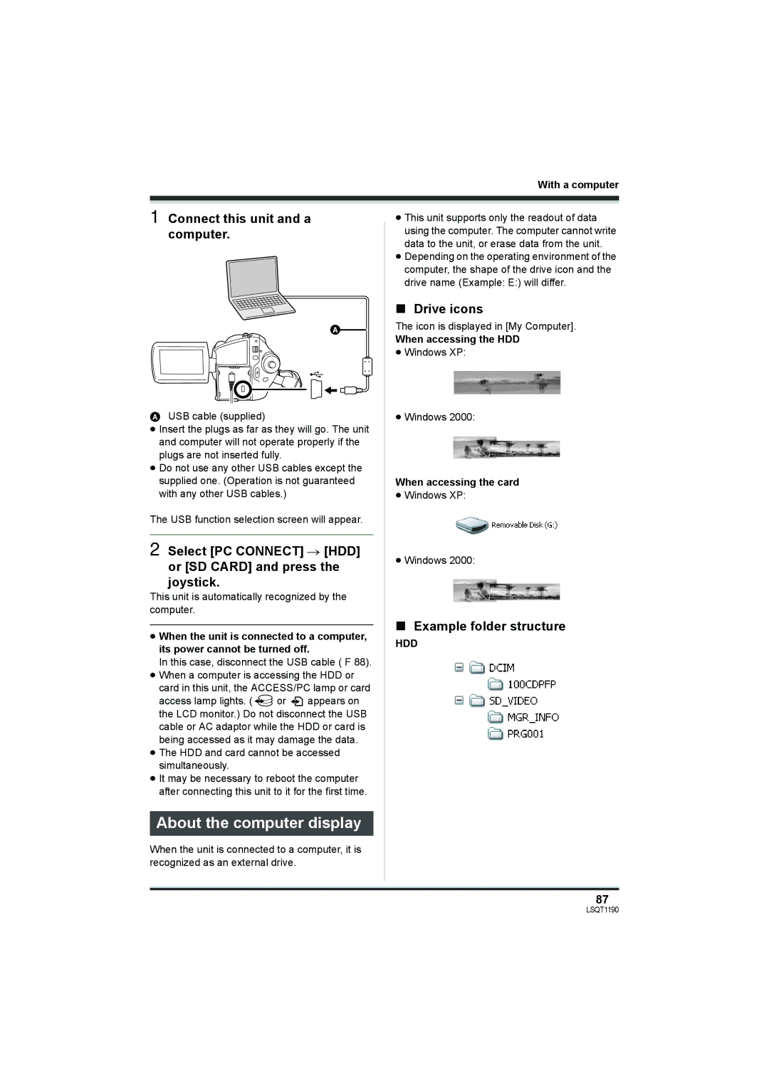 Panasonic SDR-H20 About the computer display, Connect this unit and a computer, Drive icons, Example folder structure 