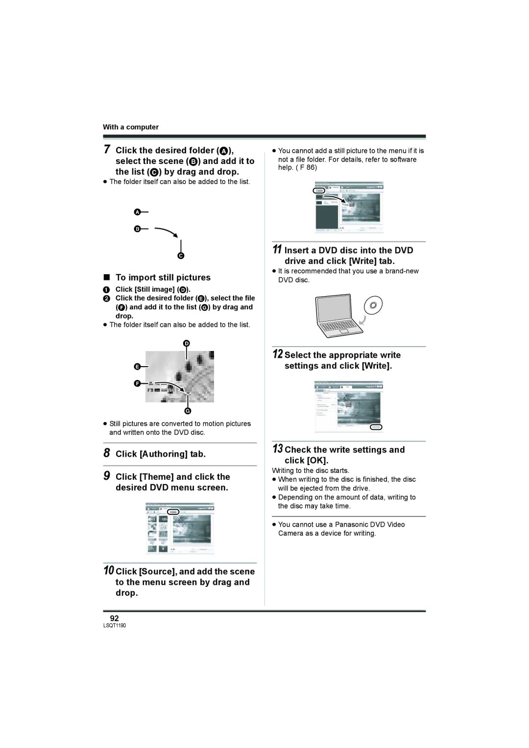 Panasonic SDR-H18, SDR-H200 To import still pictures, Insert a DVD disc into the DVD drive and click Write tab 