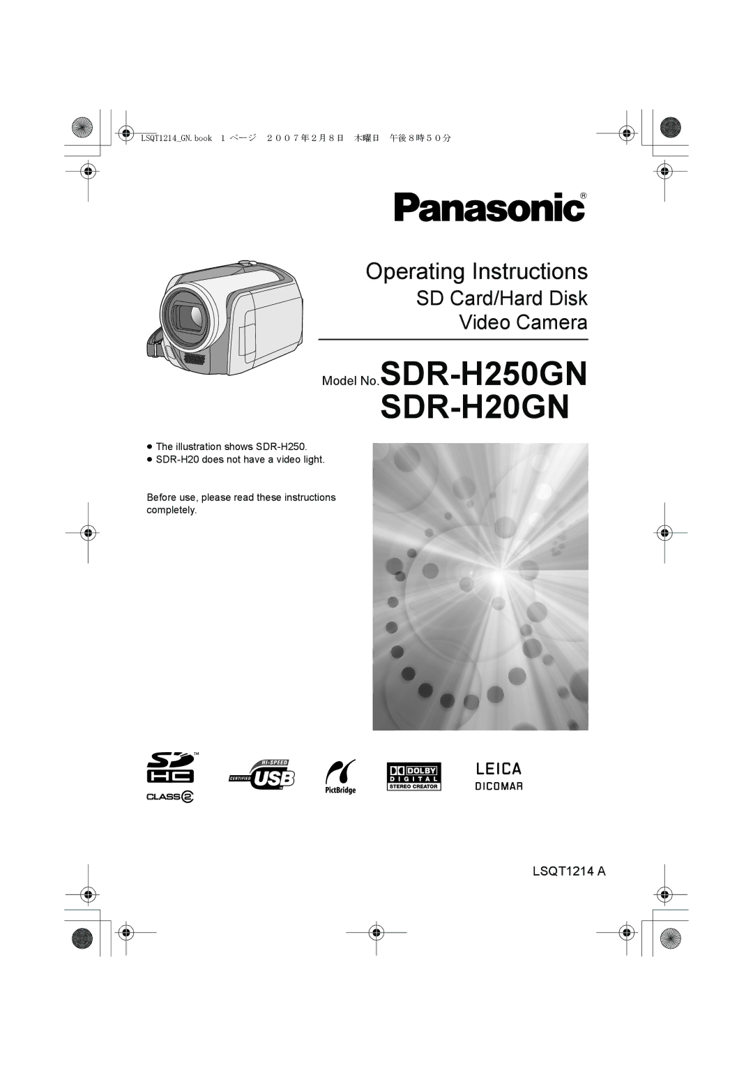 Panasonic SDR-H250GN operating instructions SDR-H20GN 