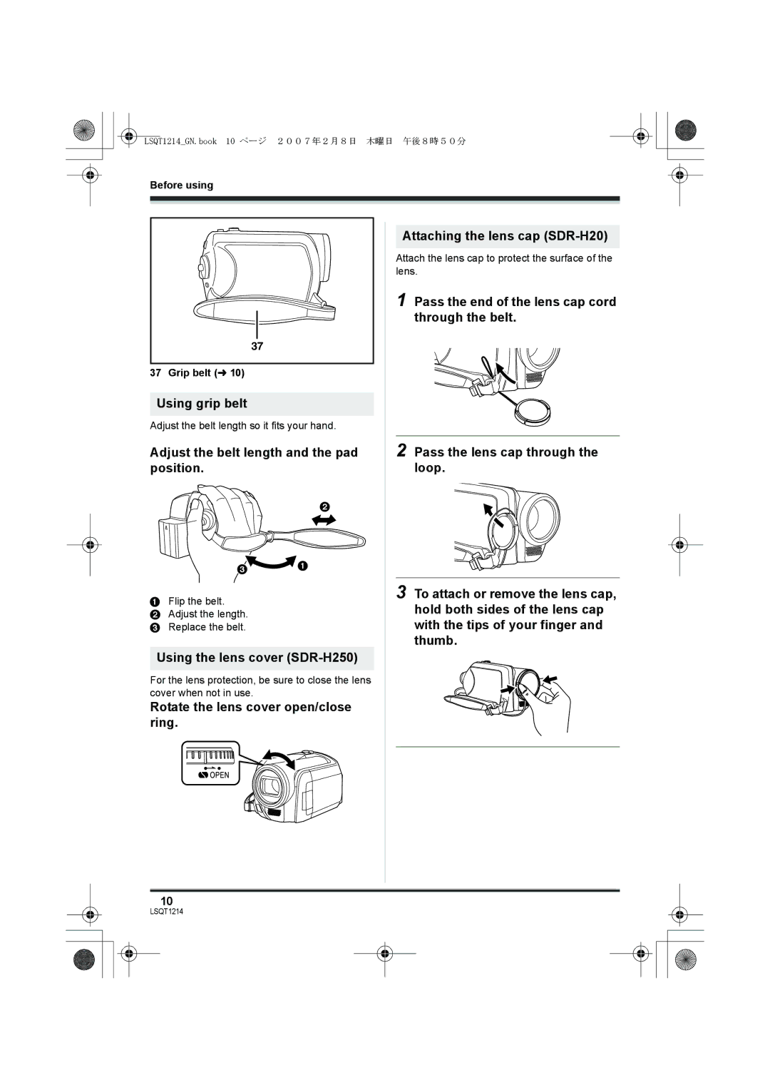 Panasonic SDR-H20GN Using grip belt, Adjust the belt length and the pad position, Using the lens cover SDR-H250 