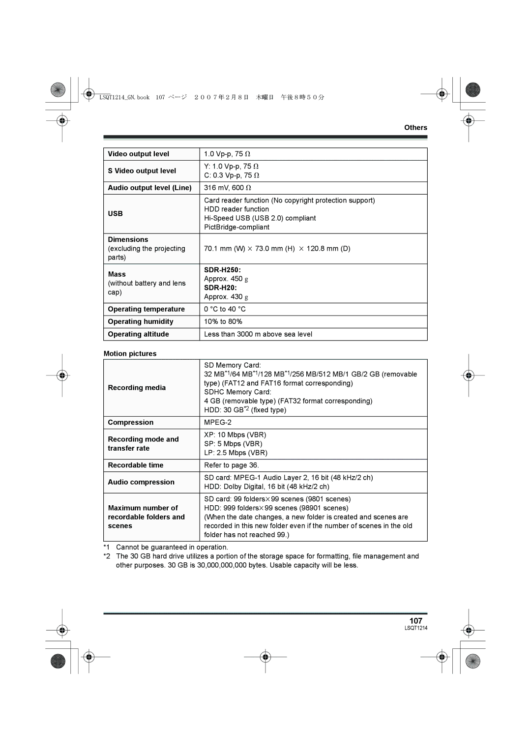 Panasonic SDR-H250GN Others Video output level, Audio output level Line, Dimensions, Mass SDR-H250, Operating temperature 