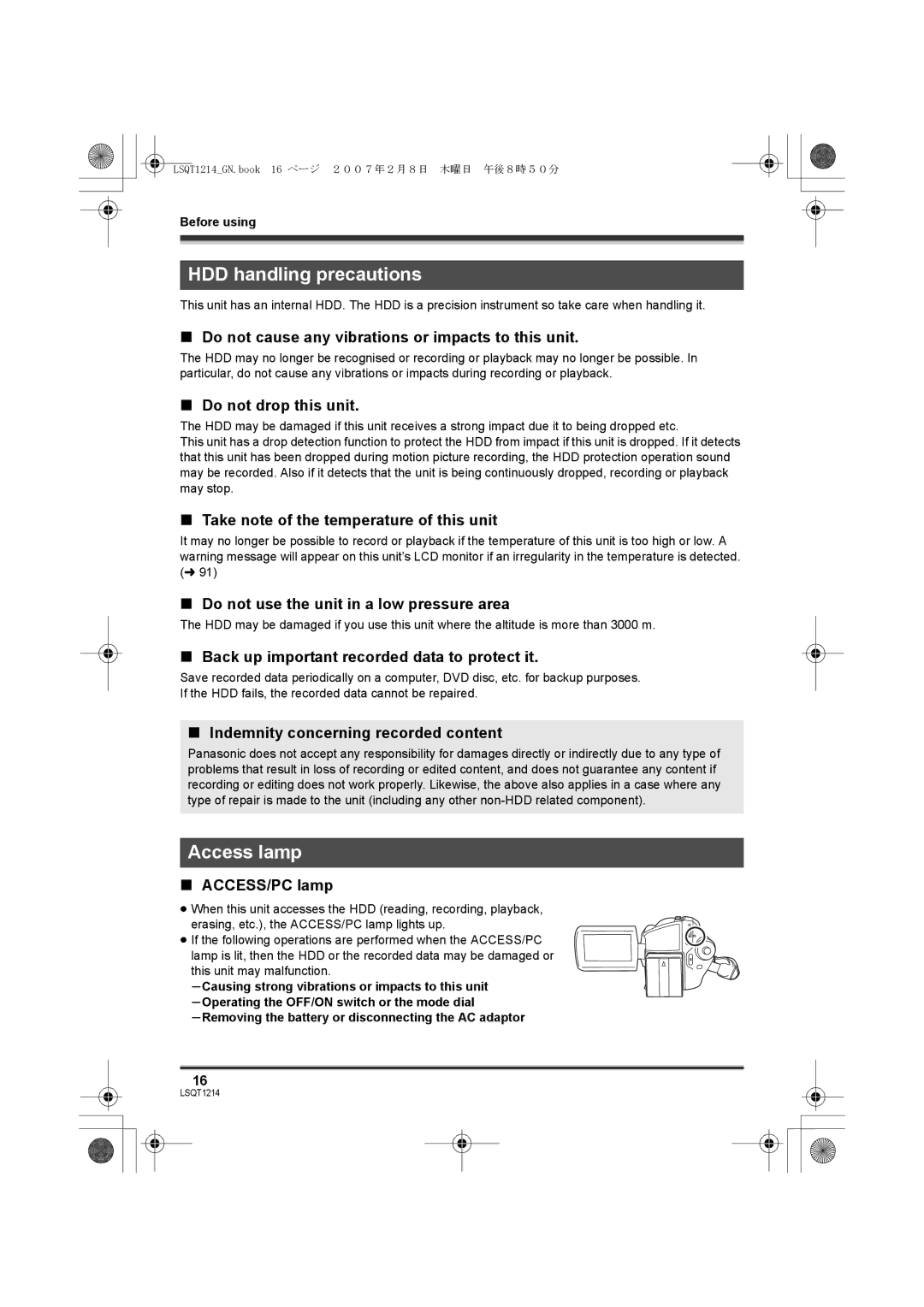 Panasonic SDR-H20GN, SDR-H250GN operating instructions HDD handling precautions, Access lamp 