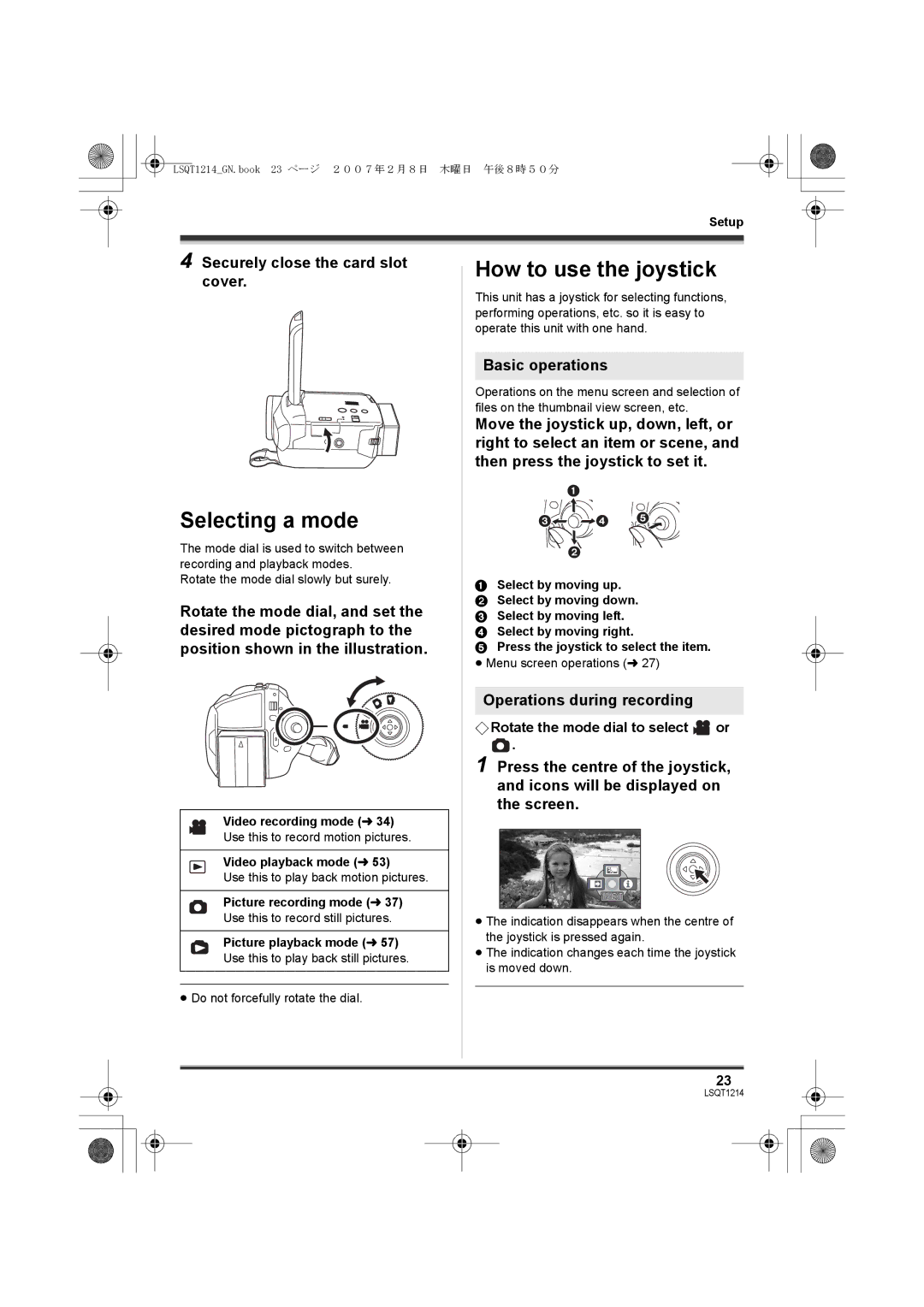 Panasonic SDR-H250GN Selecting a mode, How to use the joystick, Securely close the card slot cover, Basic operations 