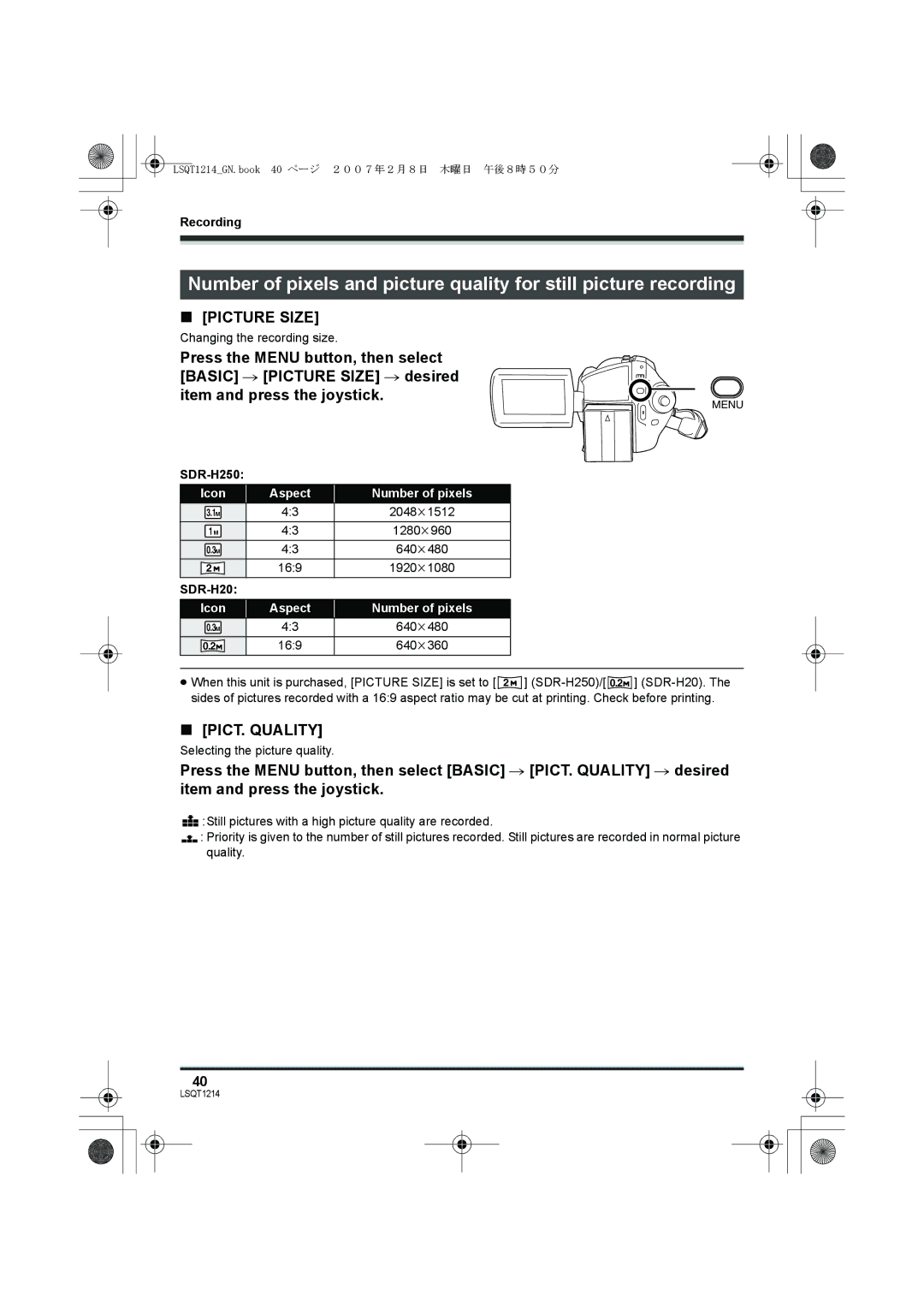 Panasonic SDR-H20GN, SDR-H250GN operating instructions Picture Size 