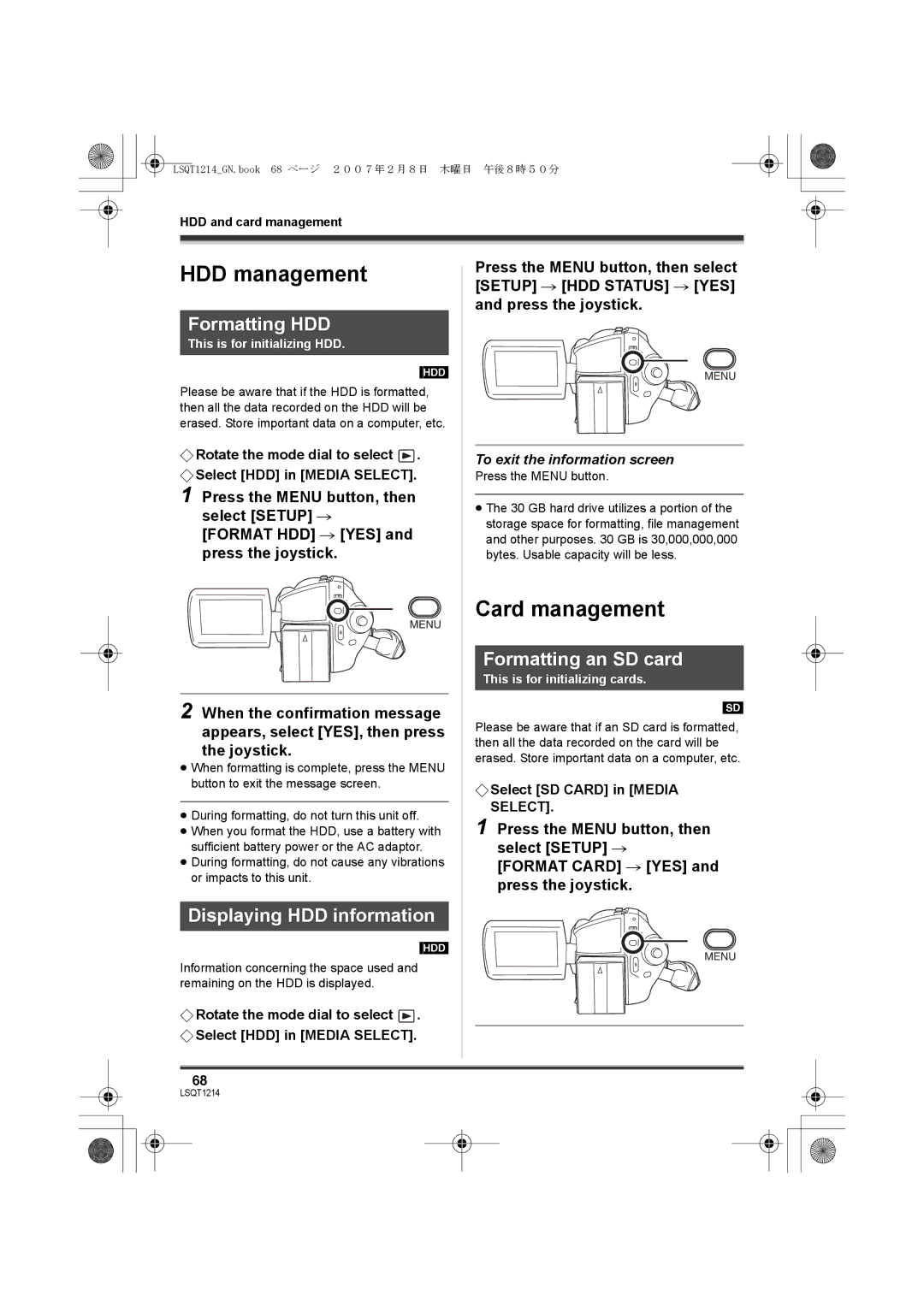 Panasonic SDR-H20GN HDD management, Card management, Formatting HDD, Displaying HDD information, Formatting an SD card 