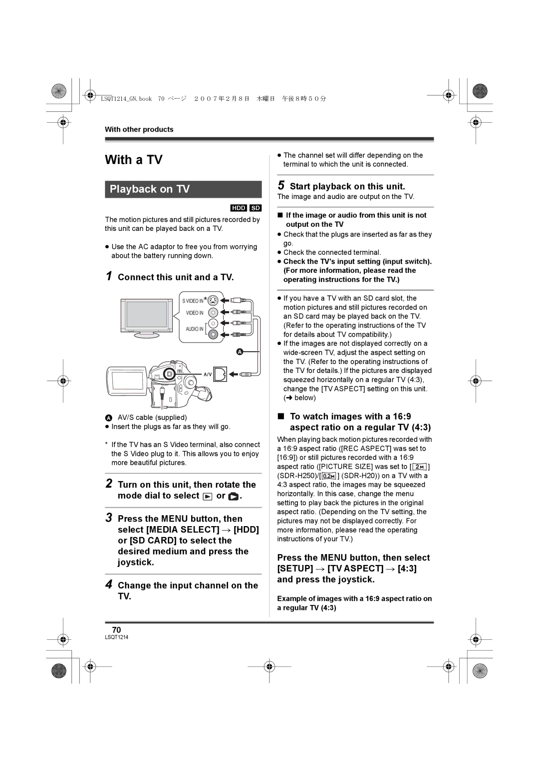 Panasonic SDR-H20GN, SDR-H250GN With a TV, Playback on TV, Connect this unit and a TV, Start playback on this unit 