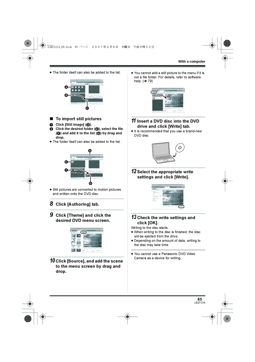 Panasonic SDR-H250GN, SDR-H20GN To import still pictures, Insert a DVD disc into the DVD drive and click Write tab, Drop 