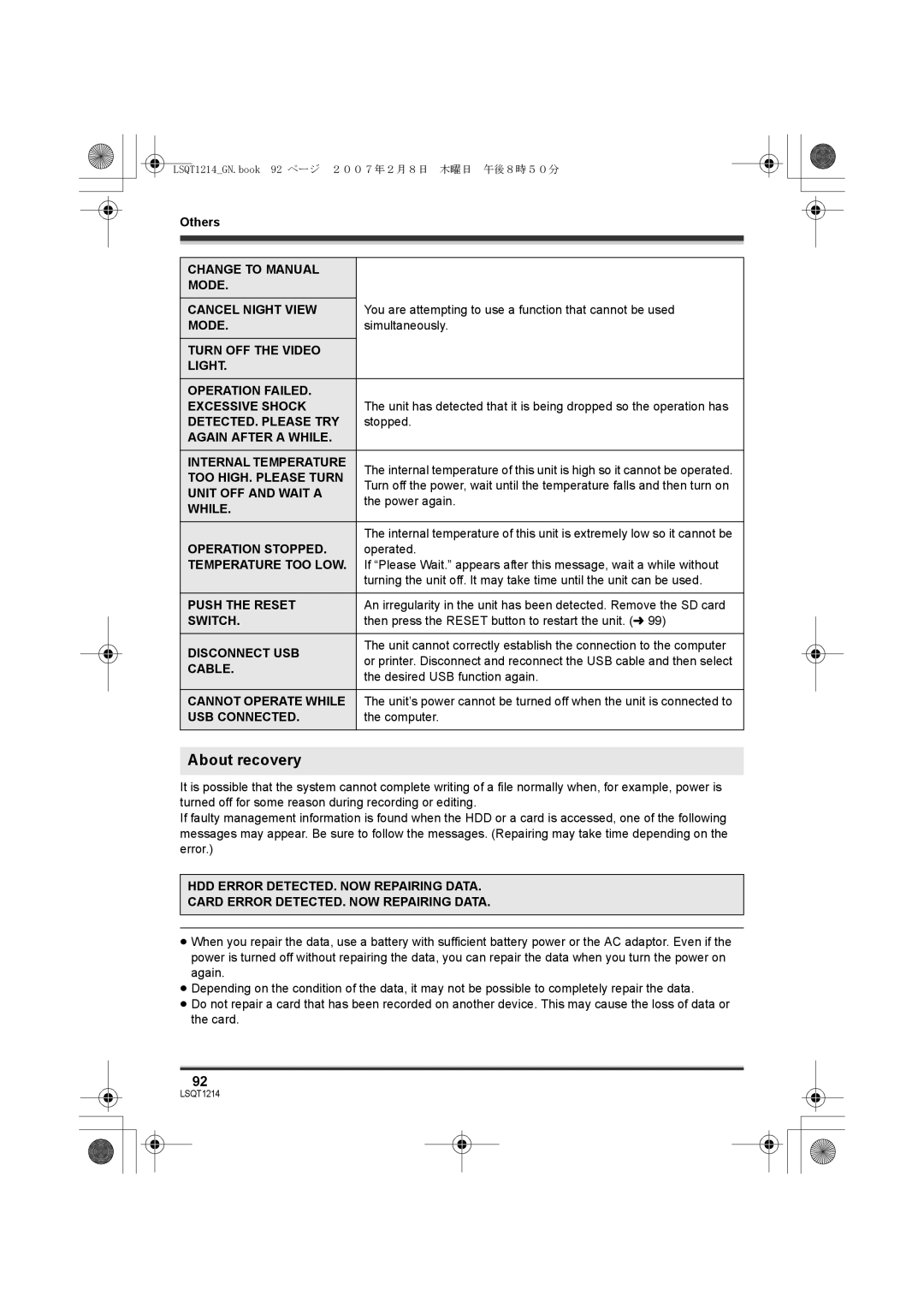 Panasonic SDR-H20GN, SDR-H250GN operating instructions About recovery 