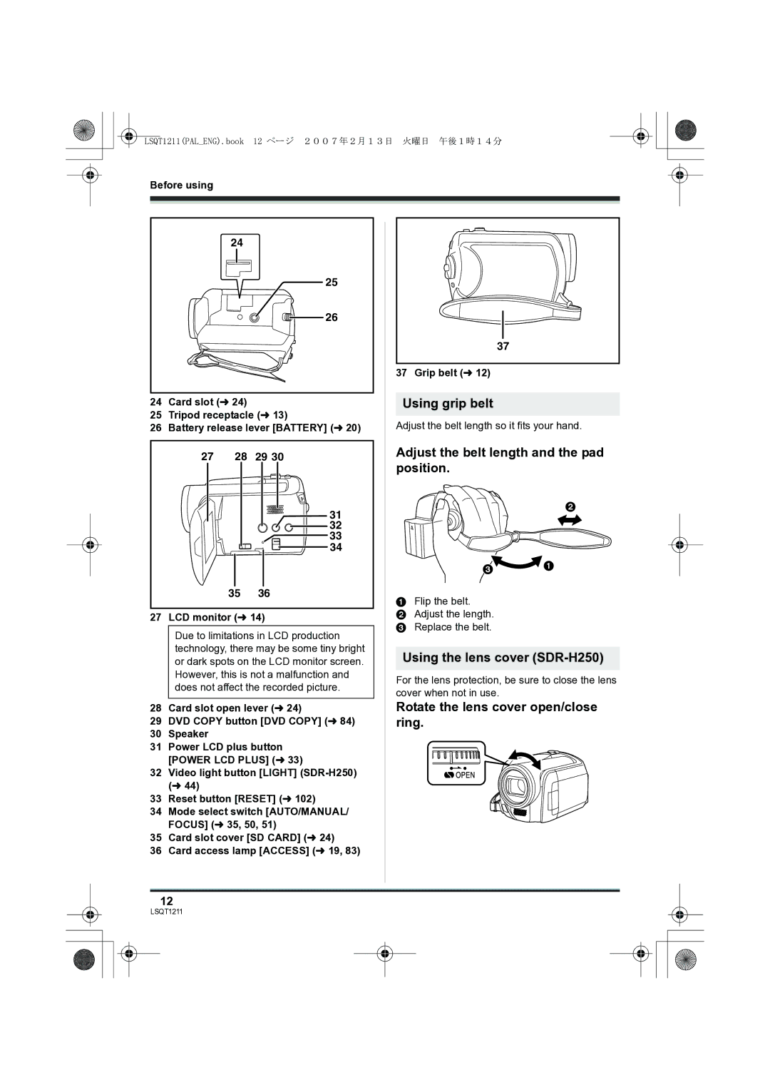 Panasonic SDR-H250EB Using grip belt, Adjust the belt length and the pad position, Using the lens cover SDR-H250 