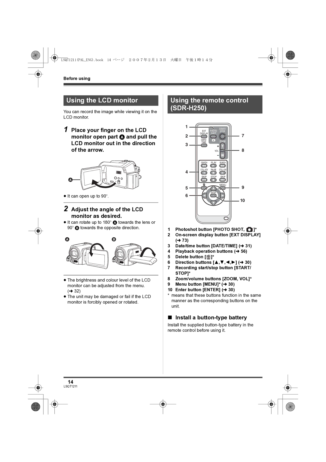 Panasonic SDR-H250EB Using the LCD monitor, Using the remote control SDR-H250, Install a button-type battery 