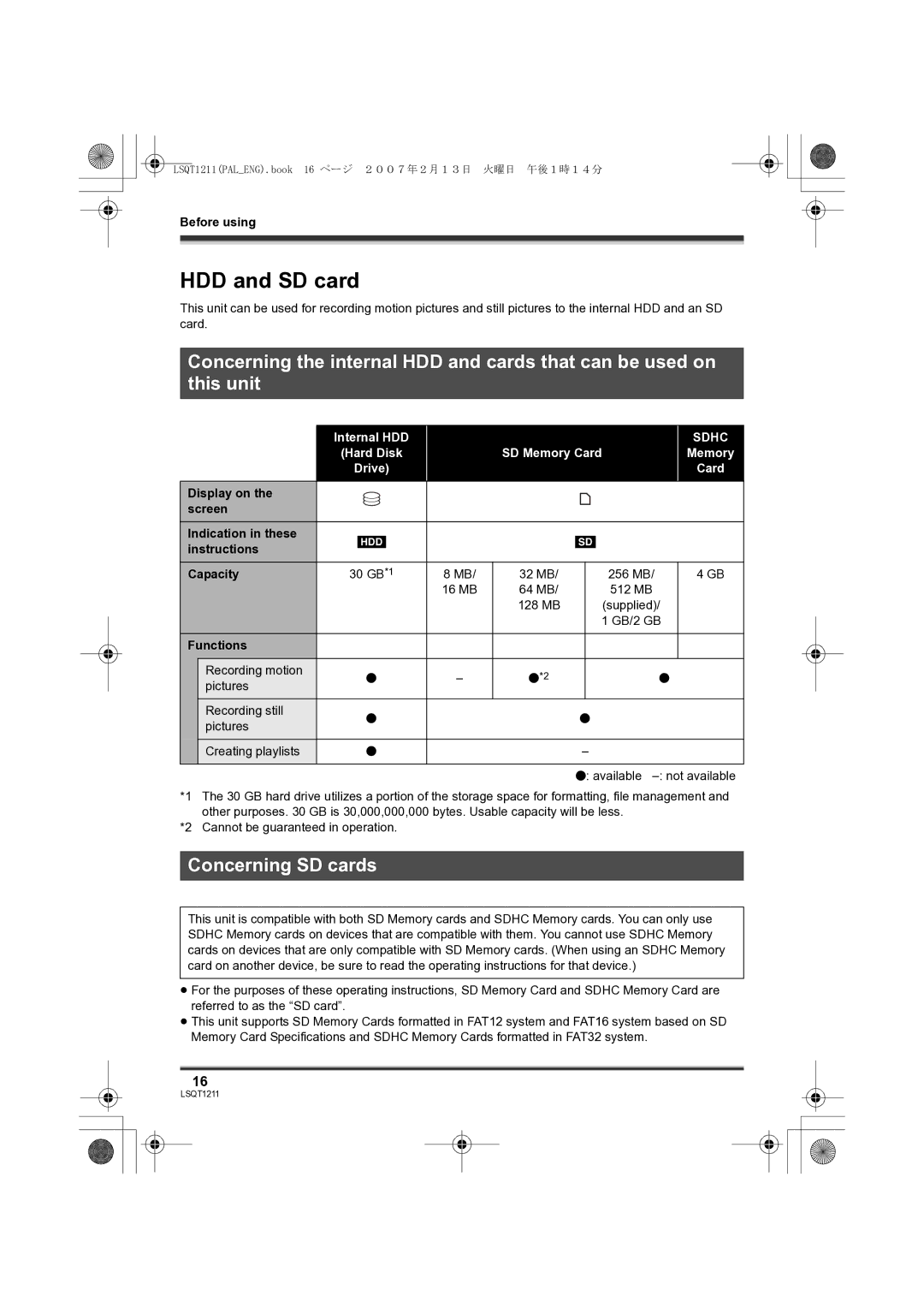 Panasonic SDR-H250EB HDD and SD card, Concerning SD cards, Display on Screen Indication in these, Instructions Capacity 