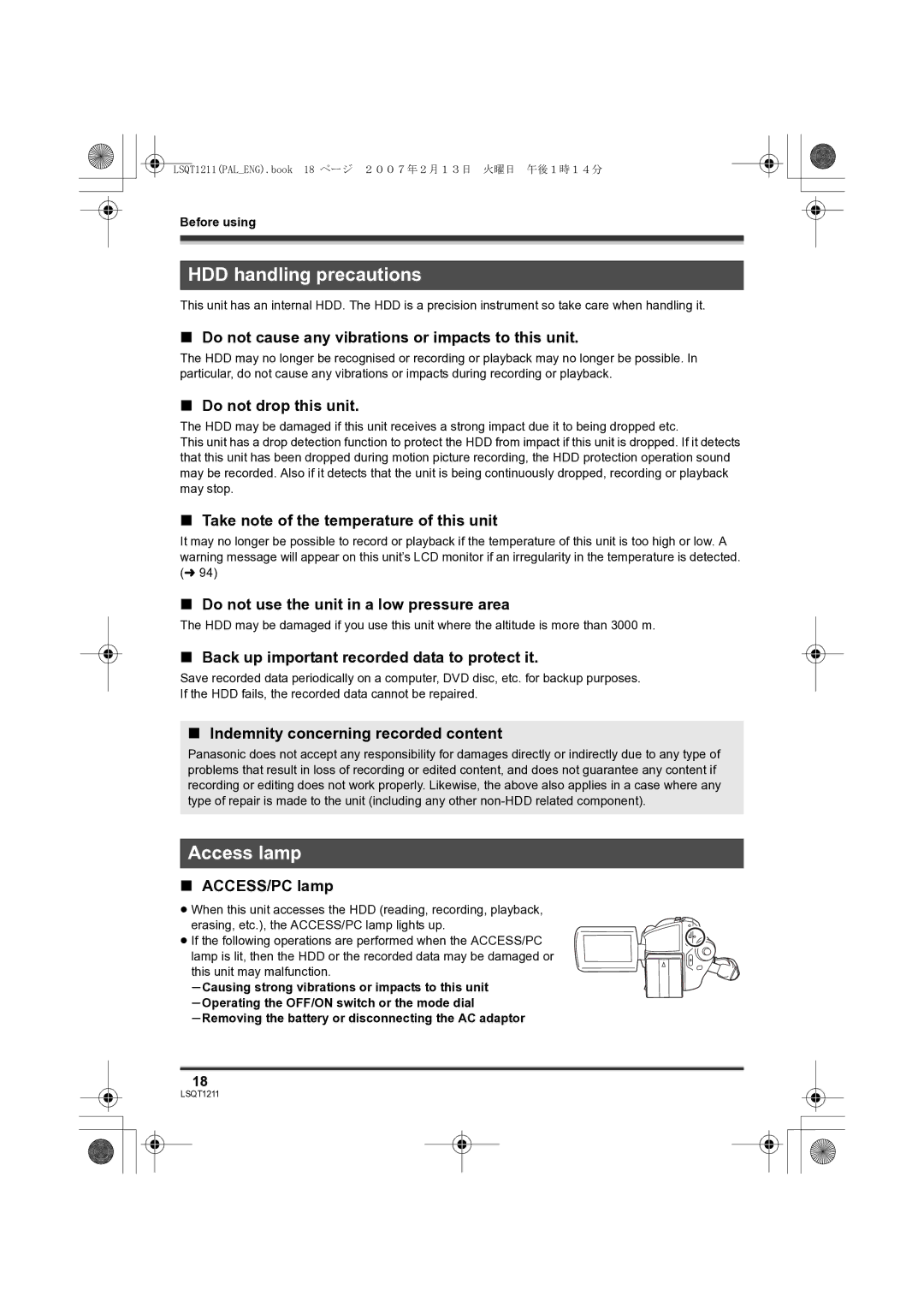 Panasonic SDR-H250EB operating instructions HDD handling precautions, Access lamp 