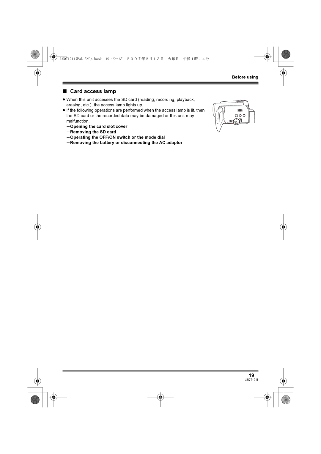 Panasonic SDR-H250EB operating instructions Card access lamp 