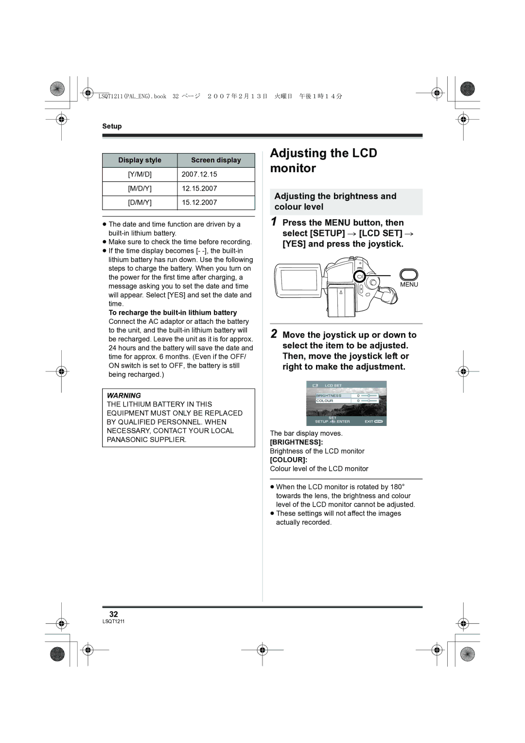 Panasonic SDR-H250EB operating instructions Adjusting the LCD monitor, Setup Display style Screen display 