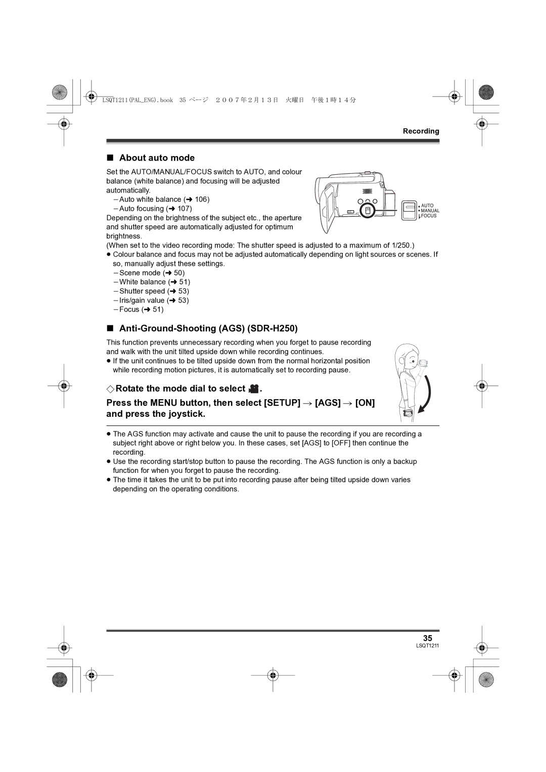 Panasonic SDR-H250EB operating instructions About auto mode, Anti-Ground-Shooting AGS SDR-H250 