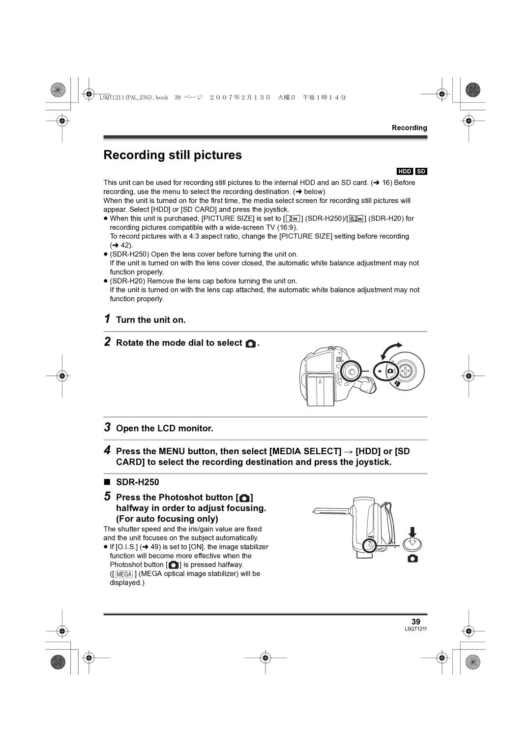 Panasonic SDR-H250EB operating instructions Recording still pictures 