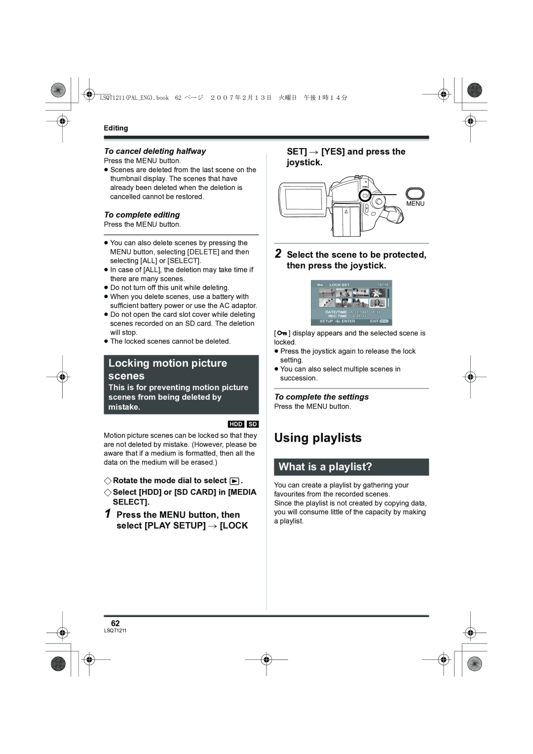 Panasonic SDR-H250EB operating instructions Using playlists, Locking motion picture scenes, What is a playlist? 