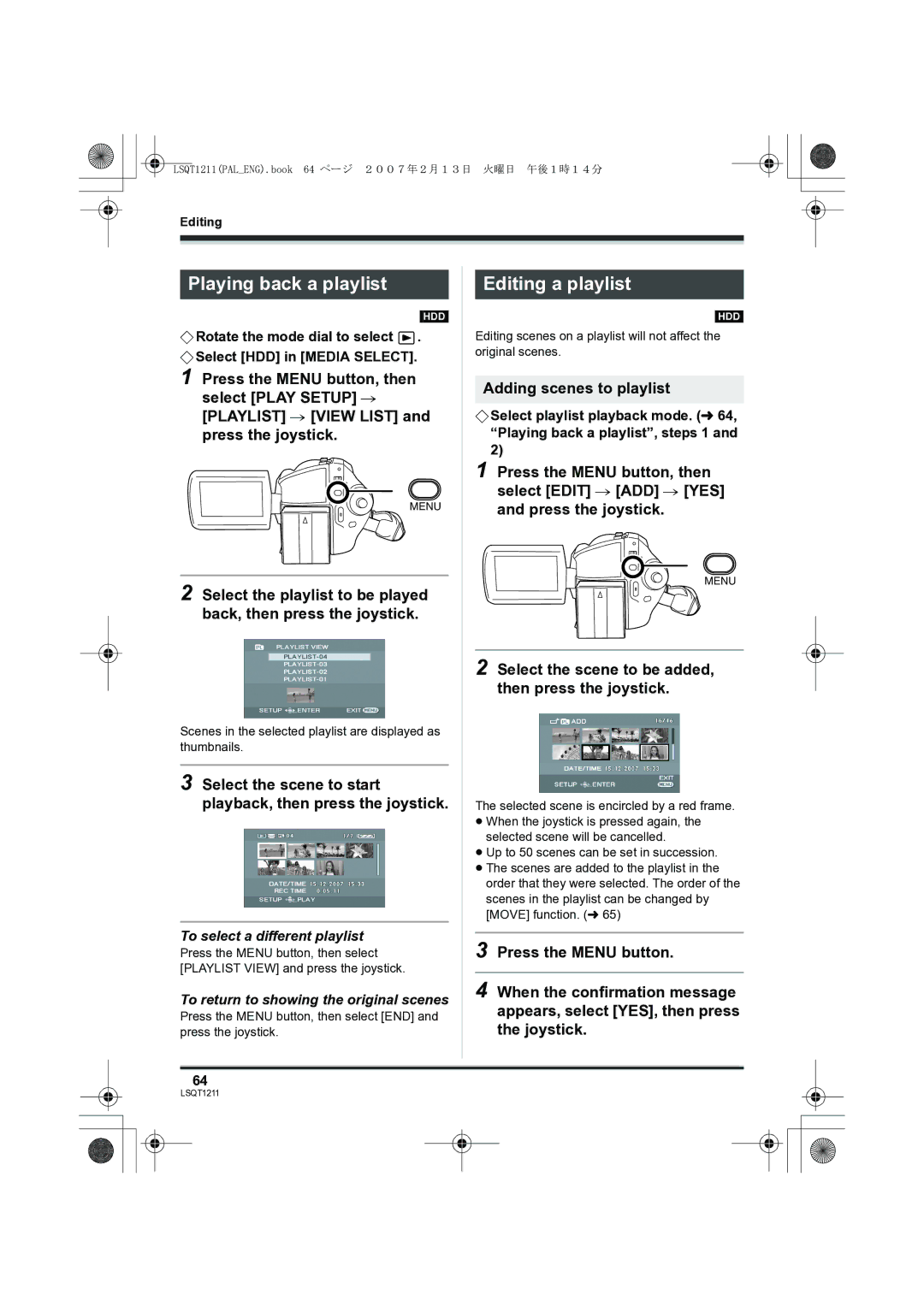 Panasonic SDR-H250EB operating instructions Playing back a playlist, Editing a playlist, Adding scenes to playlist 