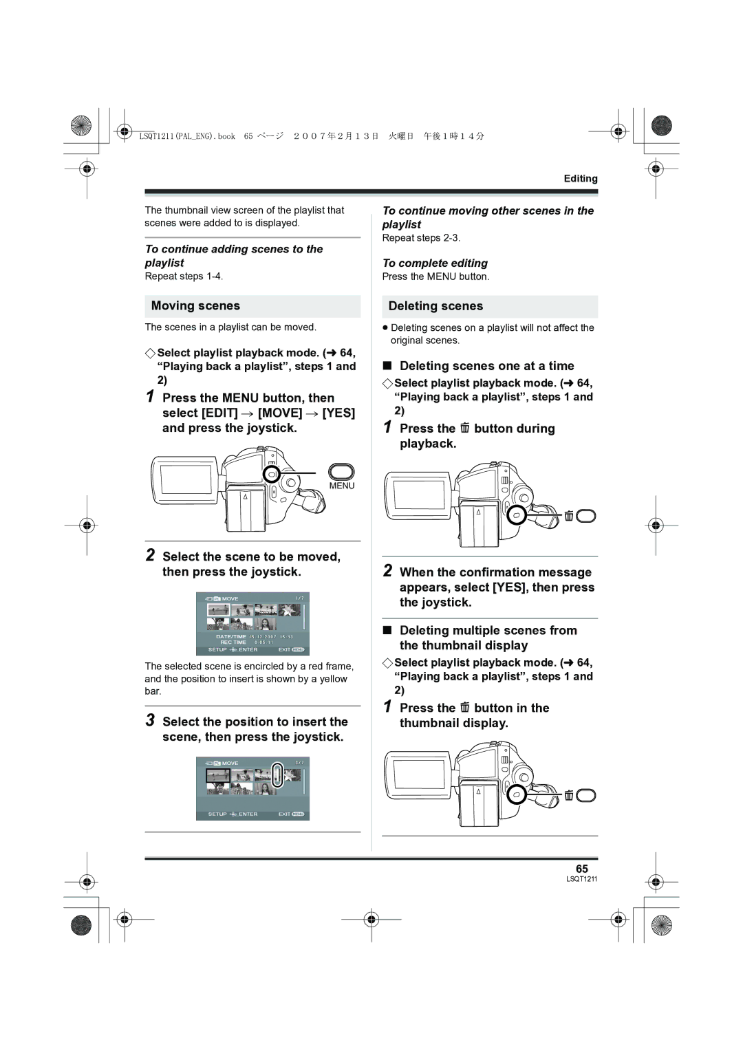 Panasonic SDR-H250EB Moving scenes, Select the scene to be moved, then press the joystick, Deleting scenes 