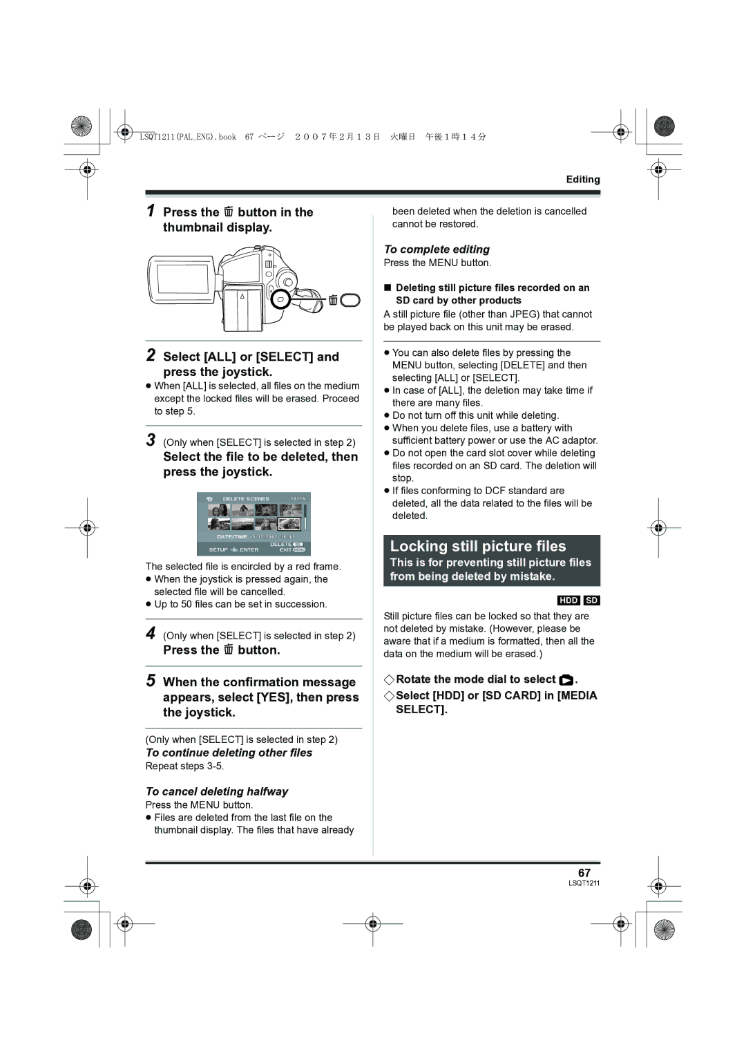 Panasonic SDR-H250EB Locking still picture files, Select the file to be deleted, then press the joystick 