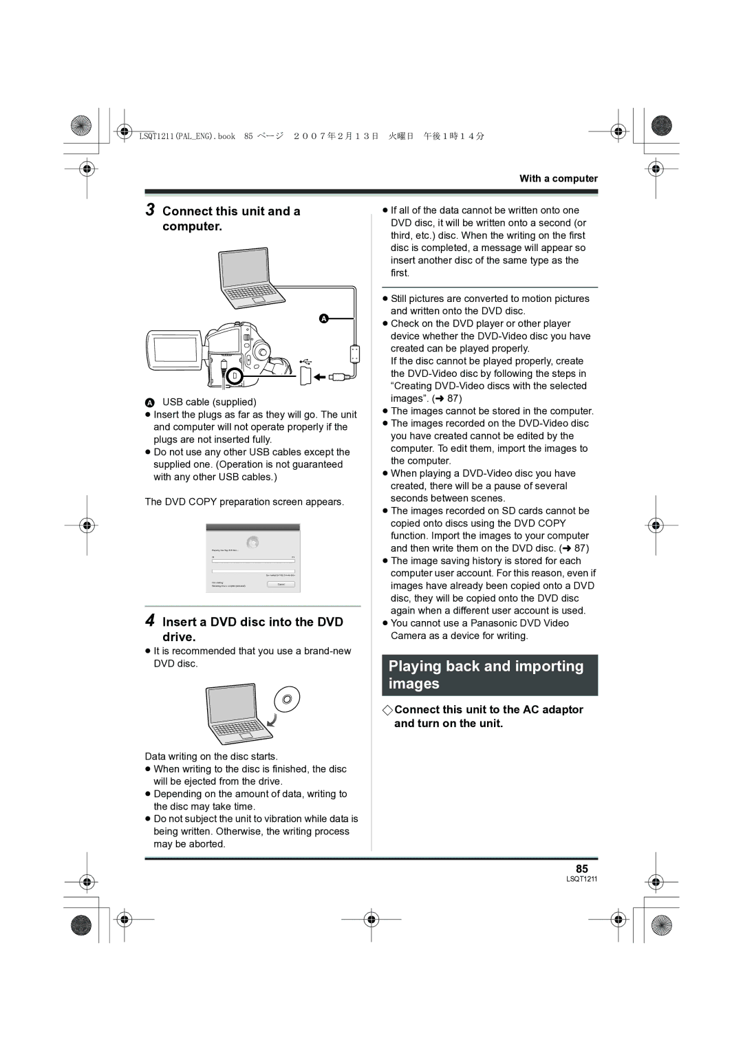 Panasonic SDR-H250EB operating instructions Playing back and importing images, Insert a DVD disc into the DVD drive 