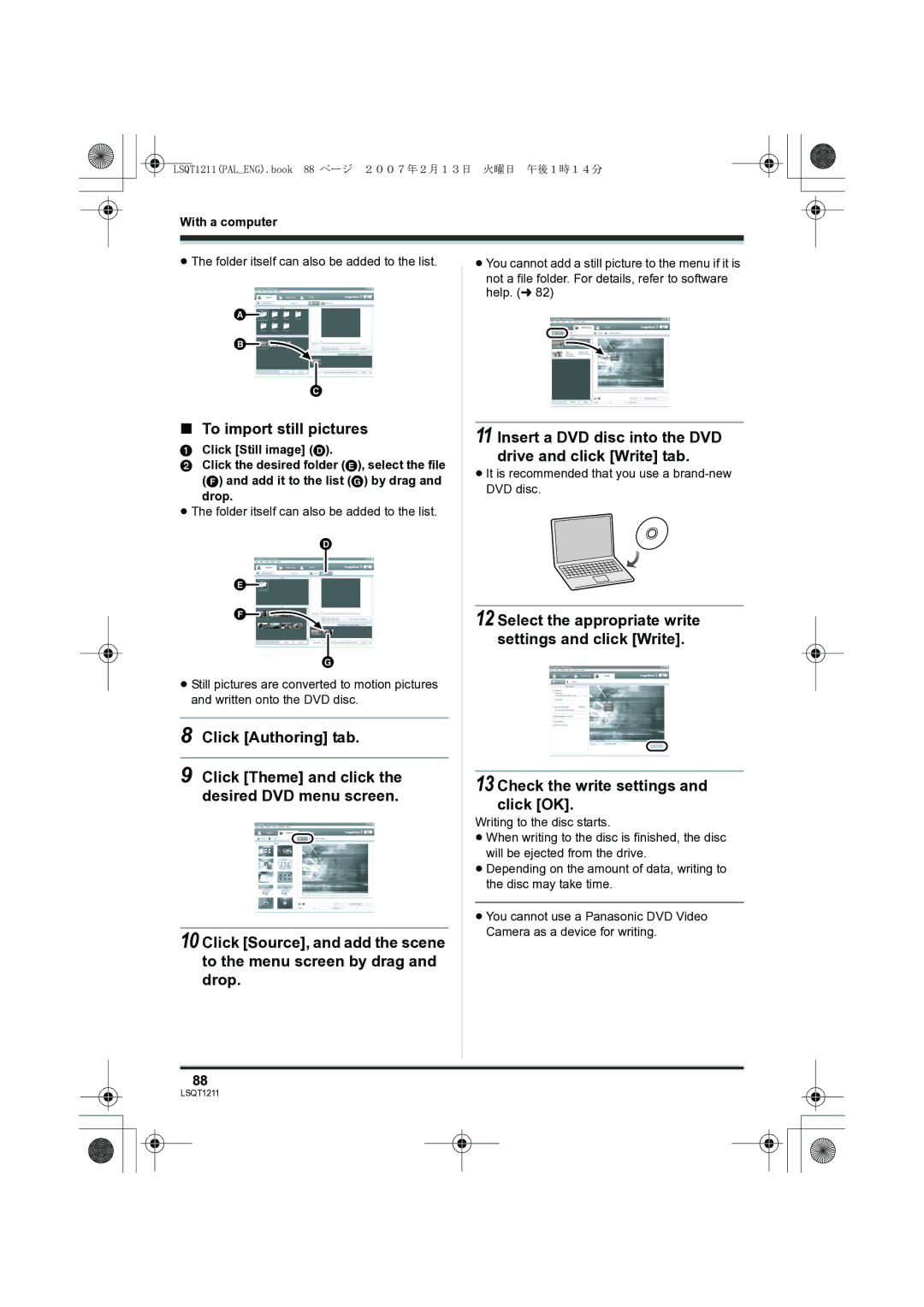 Panasonic SDR-H250EB To import still pictures, Insert a DVD disc into the DVD drive and click Write tab 