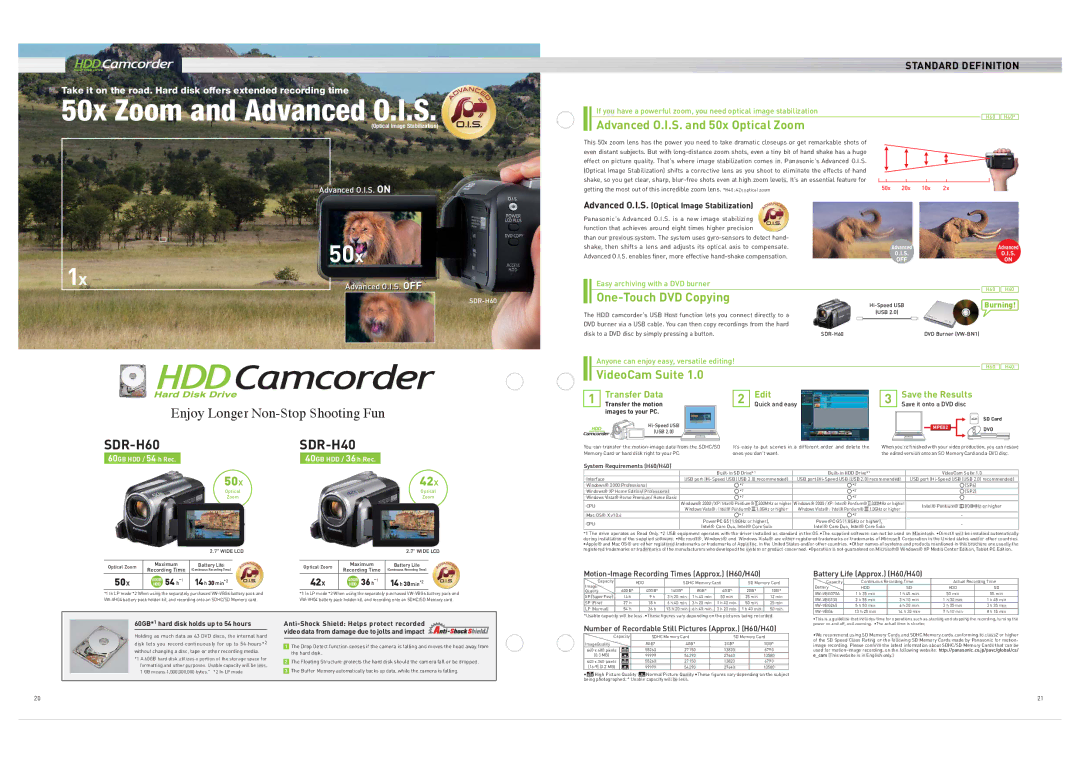 Panasonic VDR-D50 Motion-Image Recording Times Approx. H60/H40, Number of Recordable Still Pictures Approx. H60/H40 