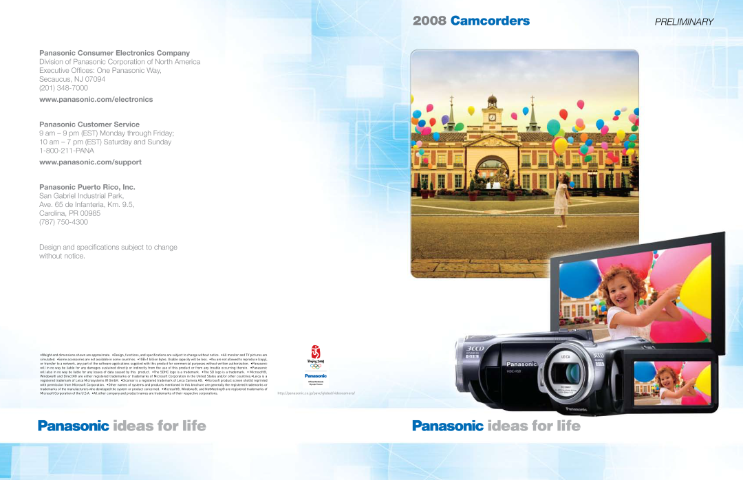 Panasonic PV-GS90, SDR-H40, HDC-SX5, SDR-S7 specifications Camcorders, Preliminary, Panasonic Consumer Electronics Company 