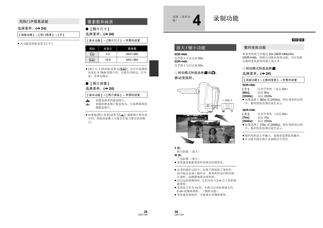 Panasonic SDR-H48GK manual SDR-H68 50x 80x 2500x SDR-H48 42x 70x 2000x 