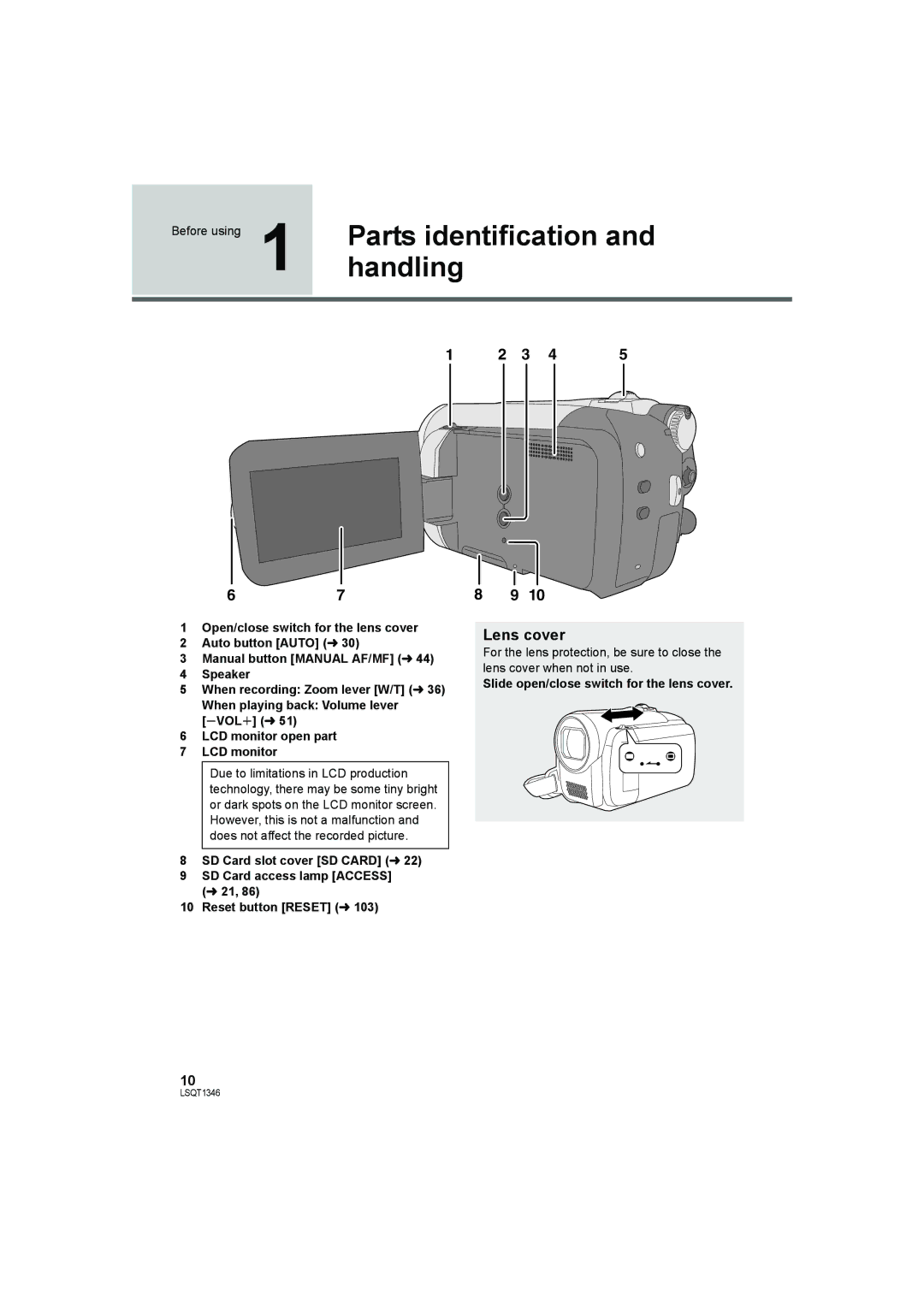 Panasonic SDR-H50 Parts identification, Handling, Lens cover, Before using, Slide open/close switch for the lens cover 