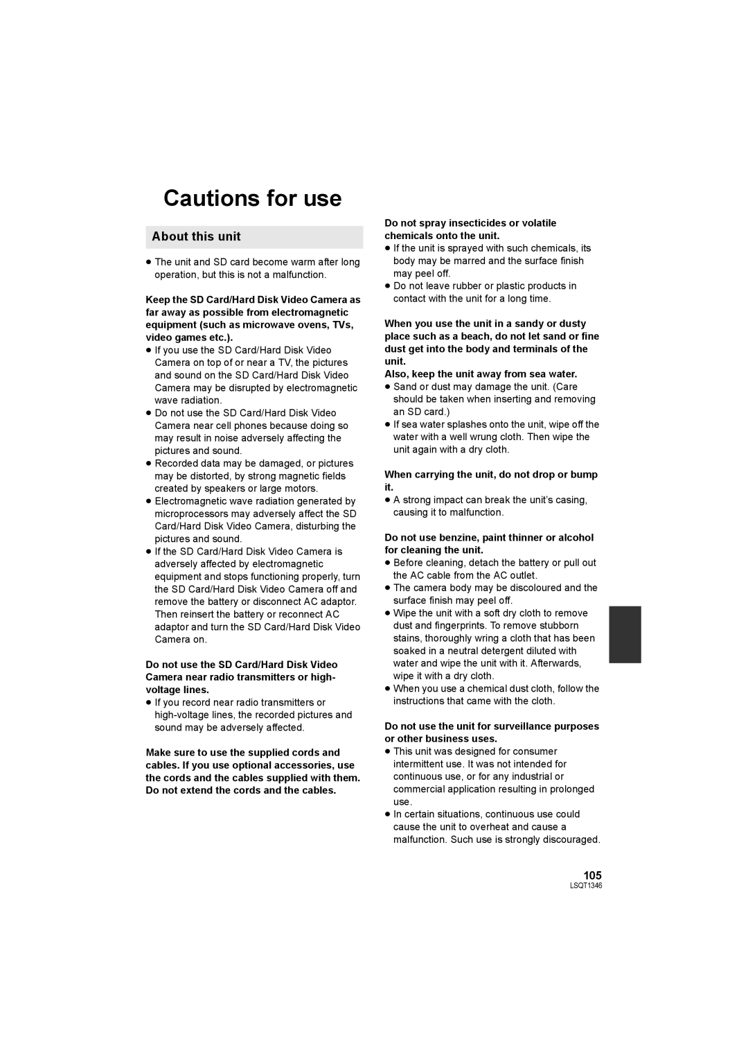 Panasonic SDR-H50 operating instructions About this unit, 105, When carrying the unit, do not drop or bump it 