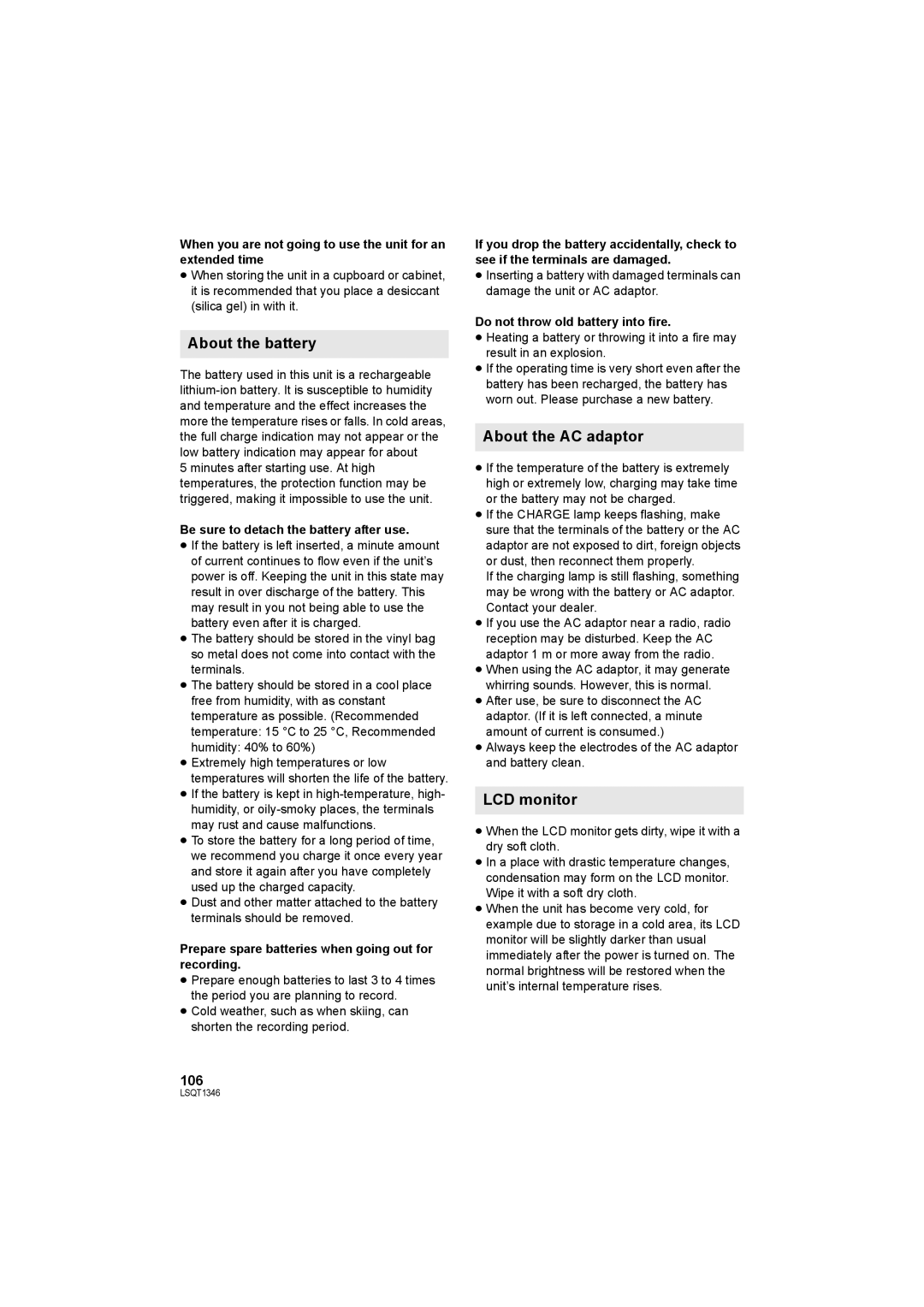 Panasonic SDR-H50 operating instructions About the battery, About the AC adaptor, 106 