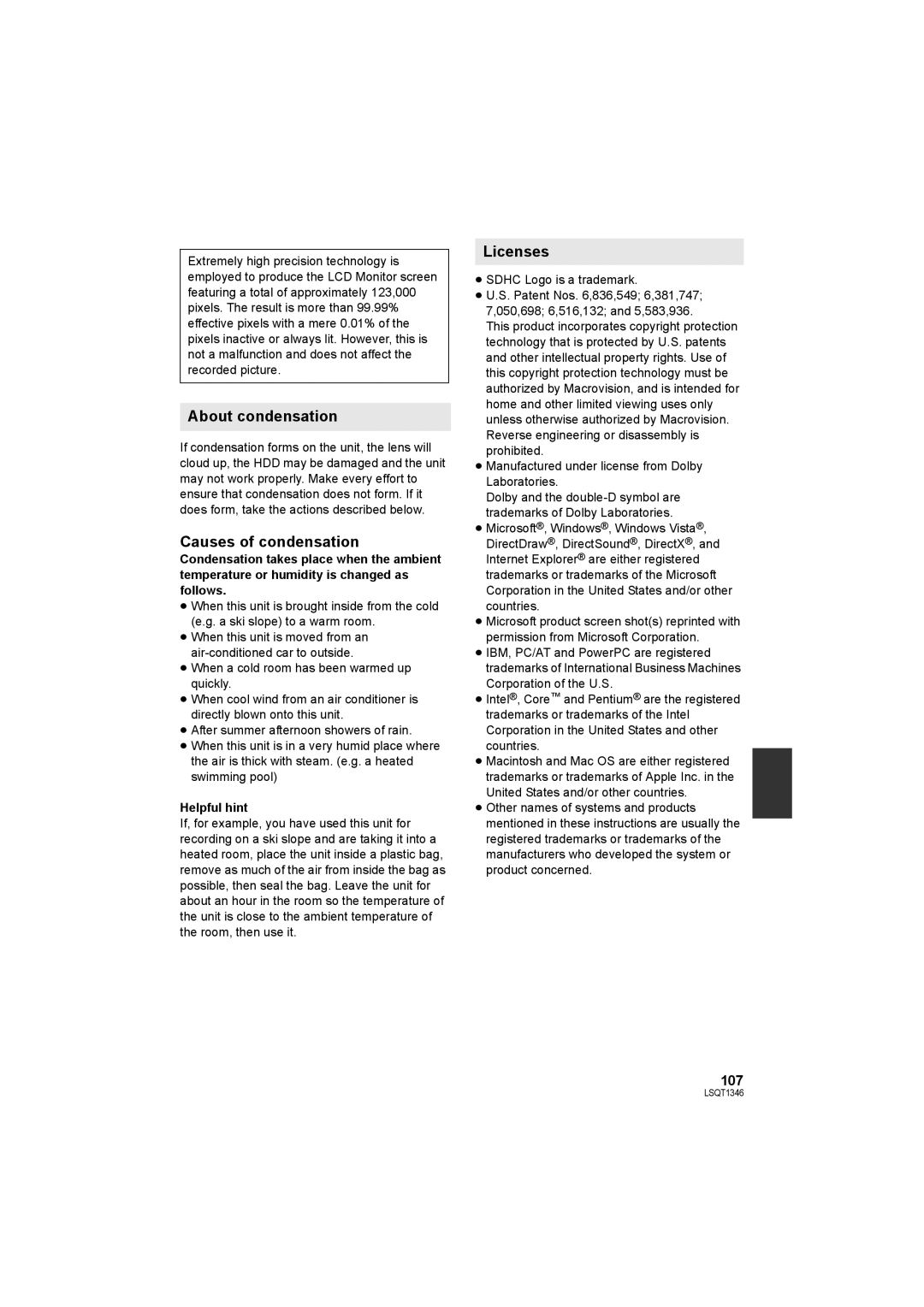 Panasonic SDR-H50 operating instructions About condensation, Causes of condensation, Licenses, 107, Helpful hint 