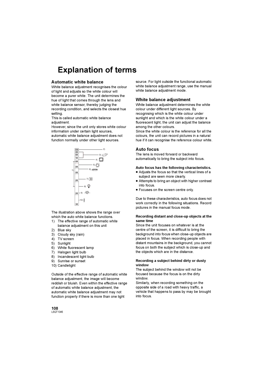 Panasonic SDR-H50 Explanation of terms, Automatic white balance, White balance adjustment, Auto focus, 108 