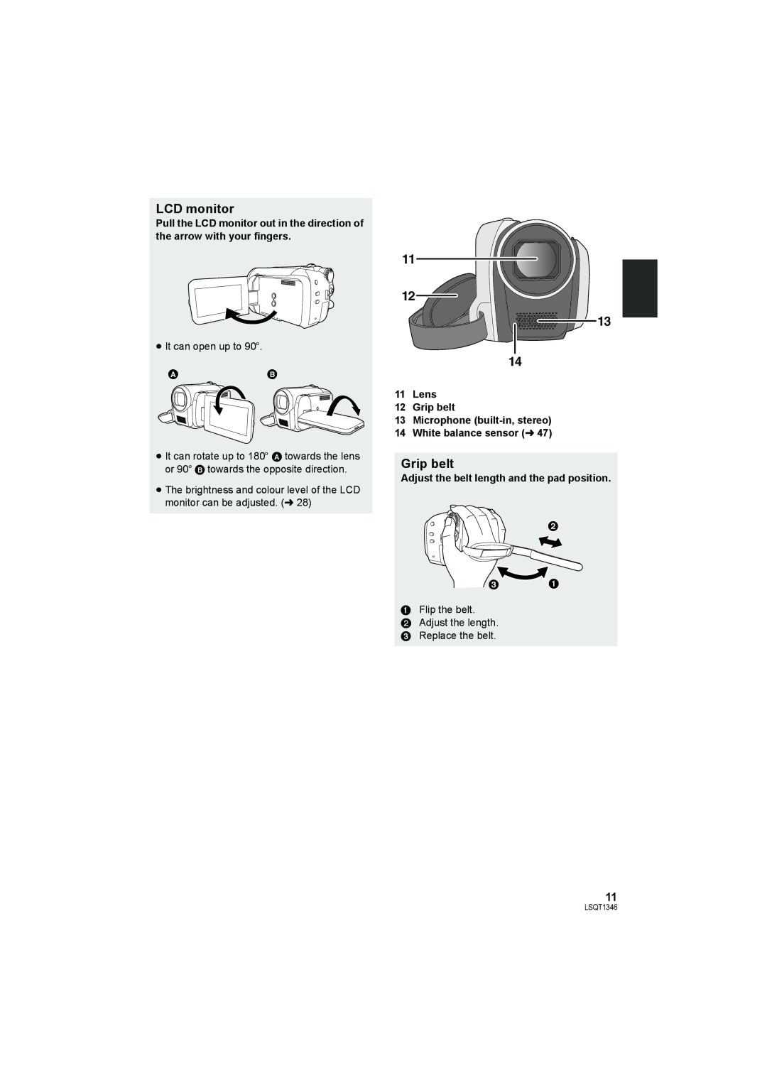 Panasonic SDR-H50 operating instructions LCD monitor, Grip belt, Adjust the belt length and the pad position 