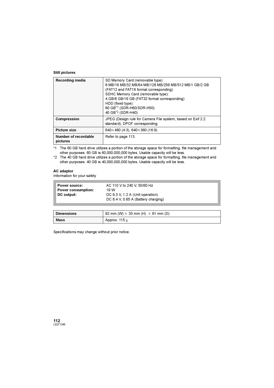 Panasonic SDR-H50 operating instructions 112 