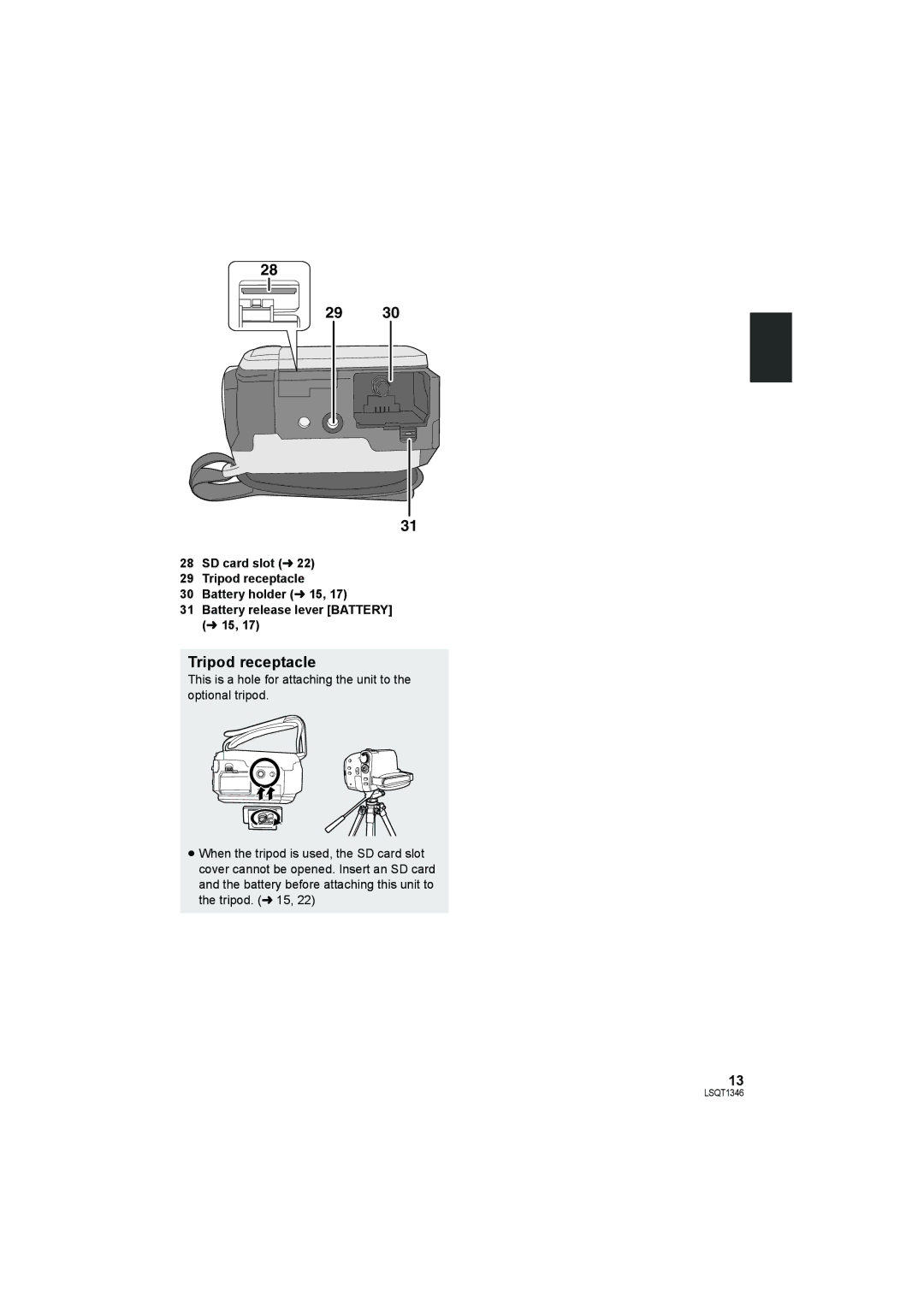 Panasonic SDR-H50 operating instructions Tripod receptacle 