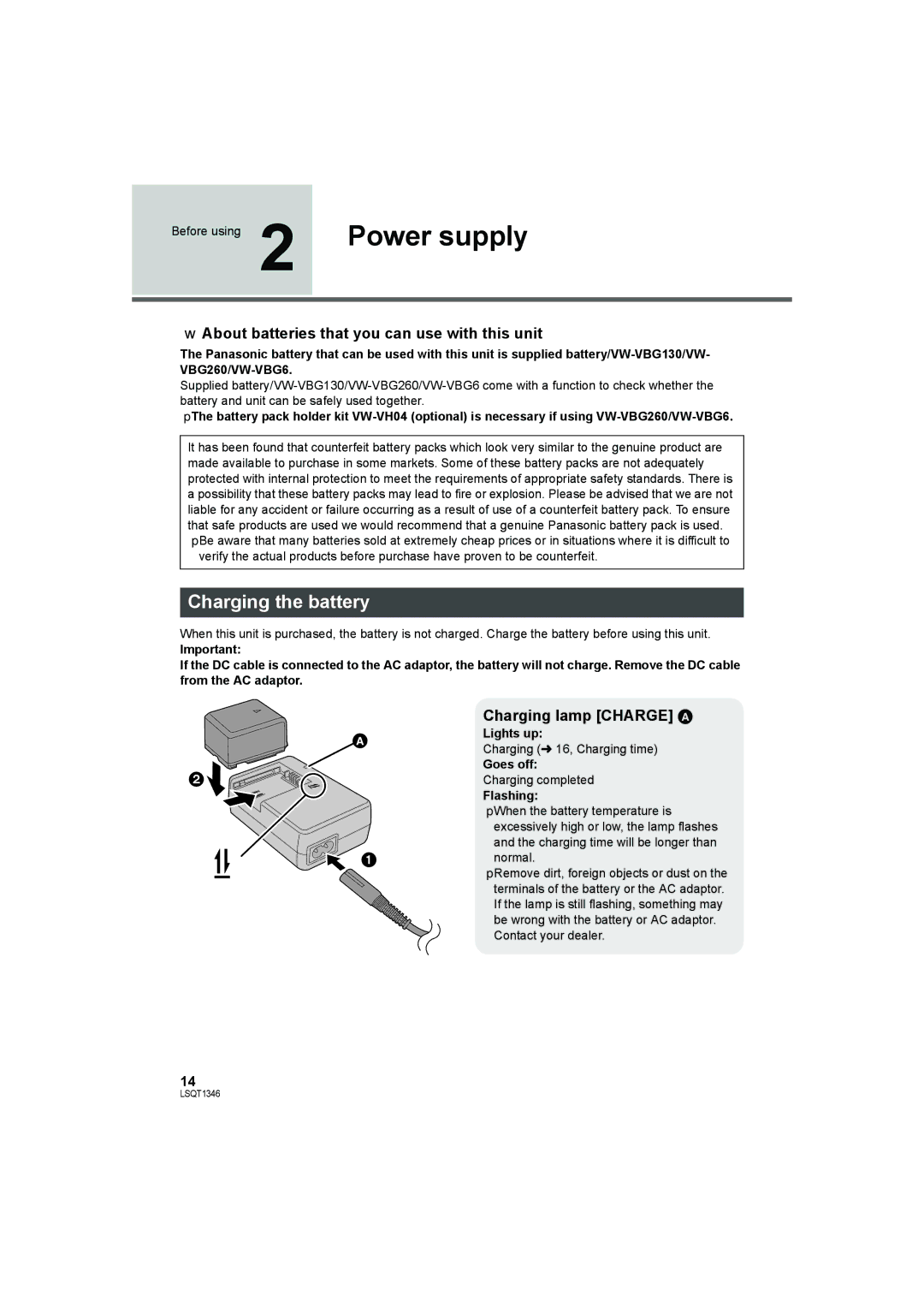 Panasonic SDR-H50 Power supply, Charging the battery, About batteries that you can use with this unit 