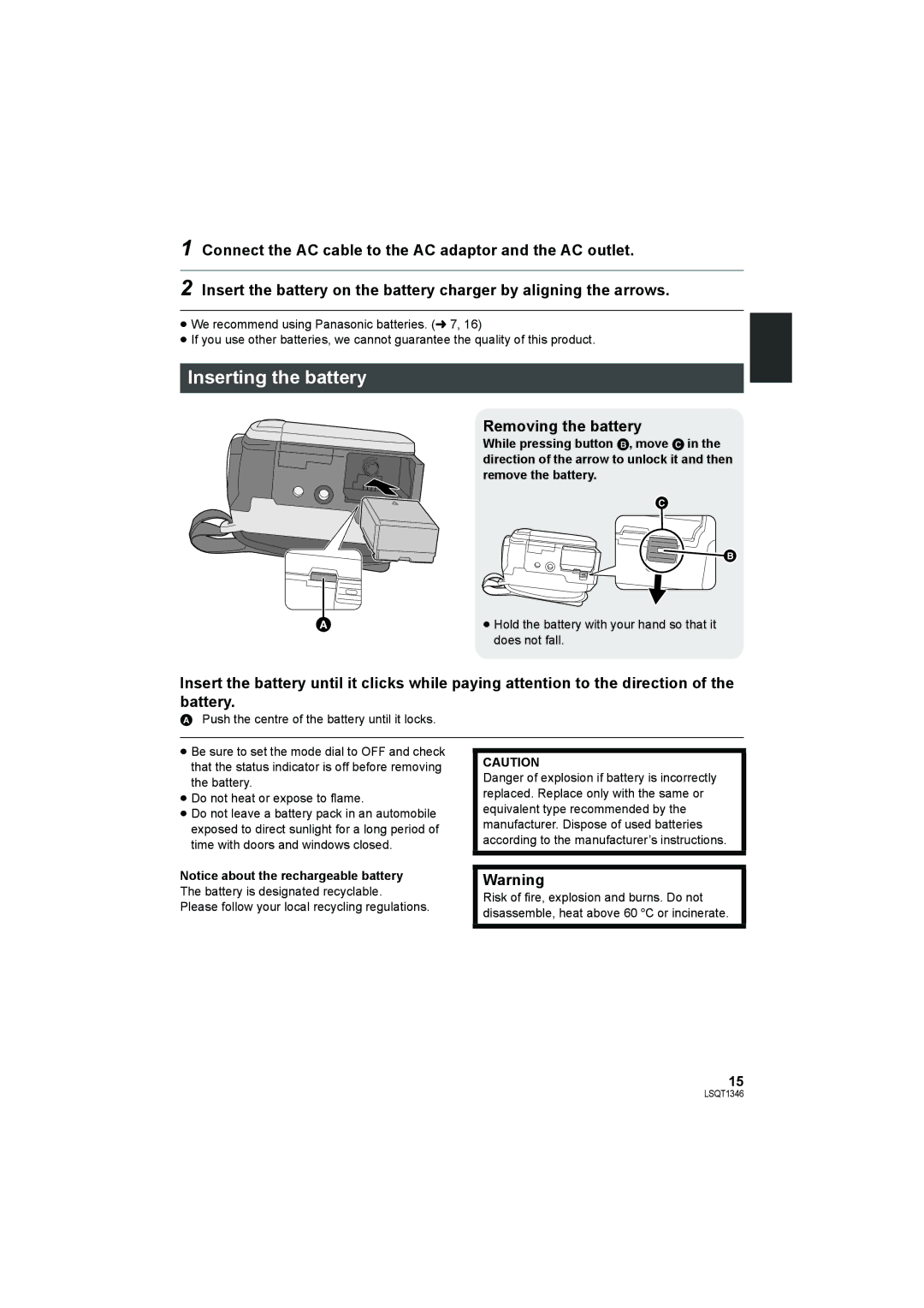 Panasonic SDR-H50 operating instructions Inserting the battery, Removing the battery 