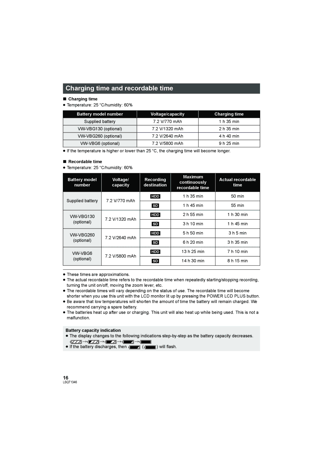 Panasonic SDR-H50 operating instructions Charging time and recordable time, Recordable time, Battery capacity indication 